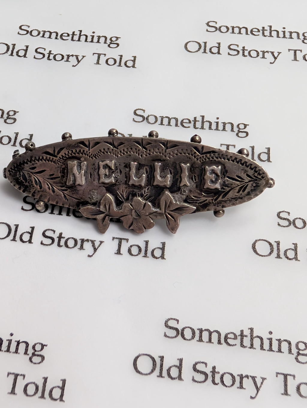 Antique Sterling Silver "Nellie" Name Brooch, Edwardian Floral Engraved Pin __etsy:7943411261