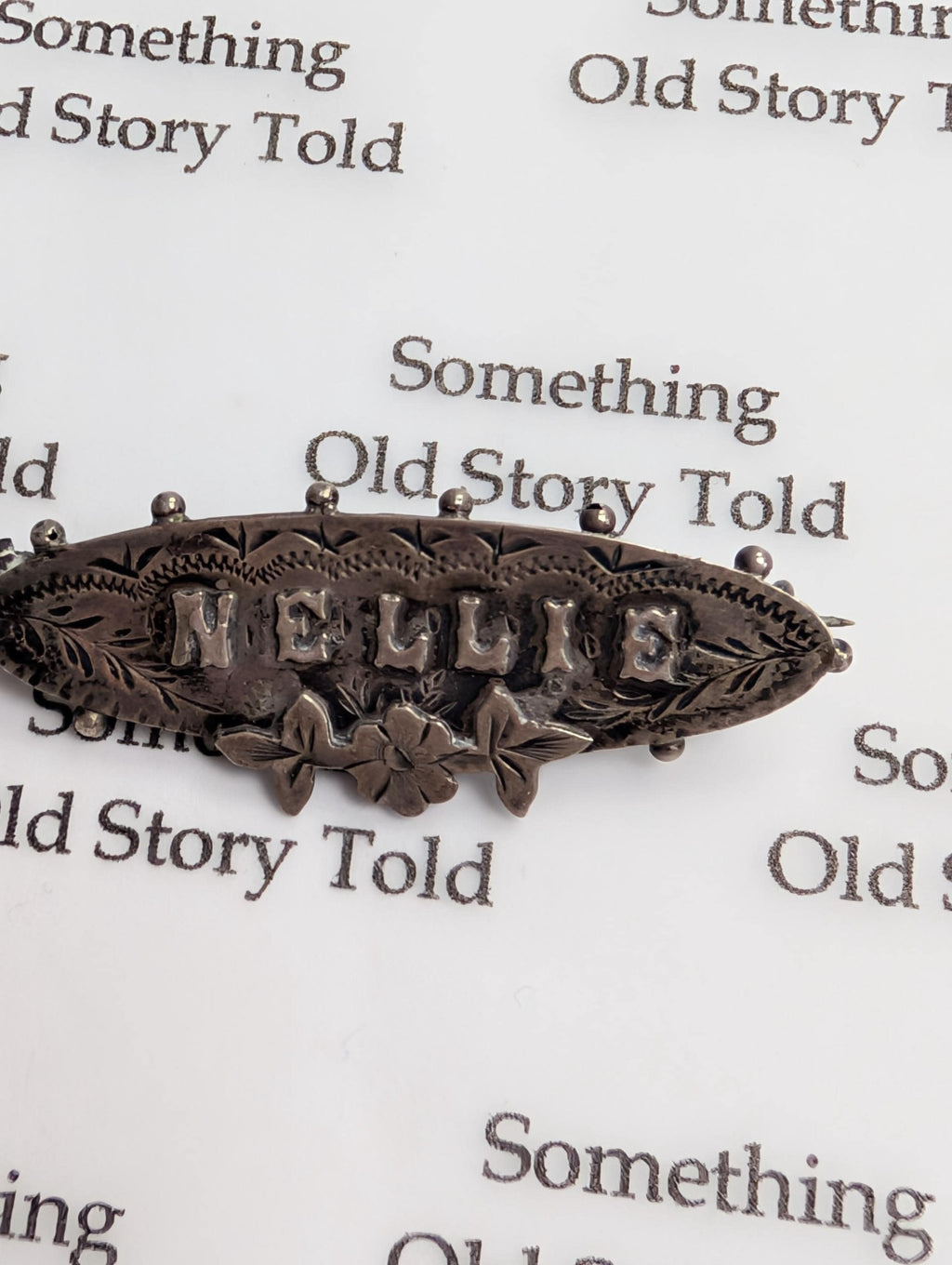 Antique Sterling Silver "Nellie" Name Brooch, Edwardian Floral Engraved Pin __etsy:7943411279