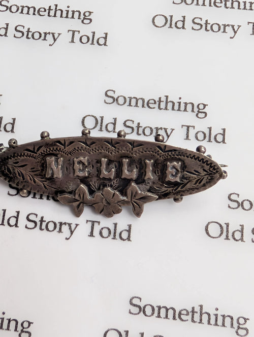 Antique Sterling Silver "Nellie" Name Brooch, Edwardian Floral Engraved Pin __etsy:7943411279