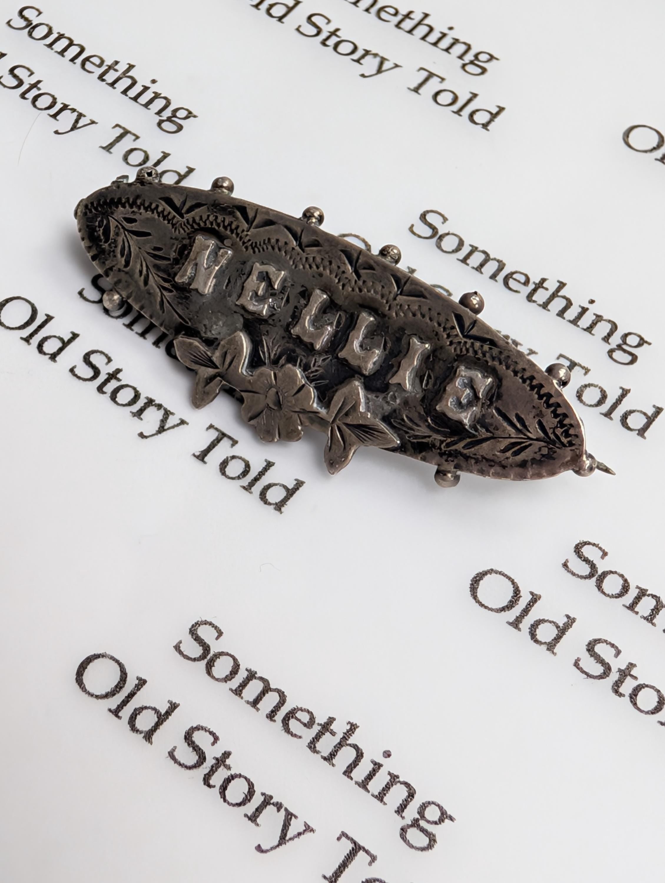 Antique Sterling Silver "Nellie" Name Brooch, Edwardian Floral Engraved Pin __etsy:7895455802
