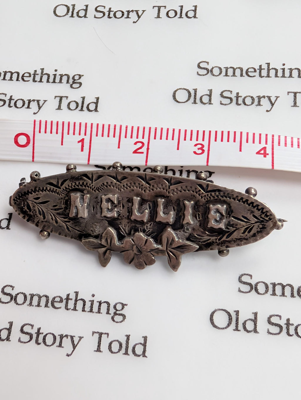 Antique Sterling Silver "Nellie" Name Brooch, Edwardian Floral Engraved Pin __etsy:7895455862