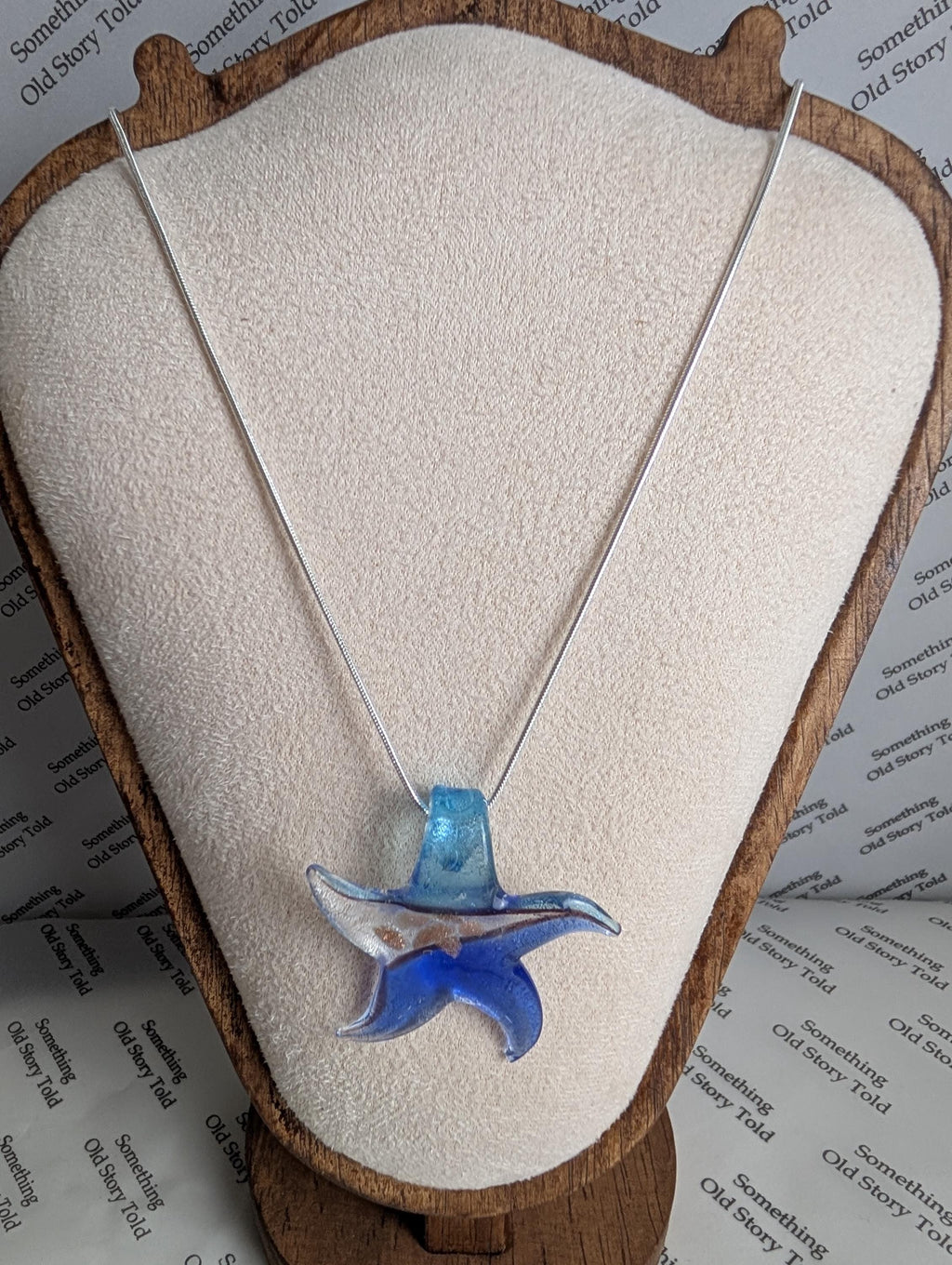 Art Glass Star Pendant Necklace, Blue Murano Style Fused Glass Charm, Shimmering Gold Aventurine Inclusions, Coastal Beach Jewelry Gift __etsy:8179264629