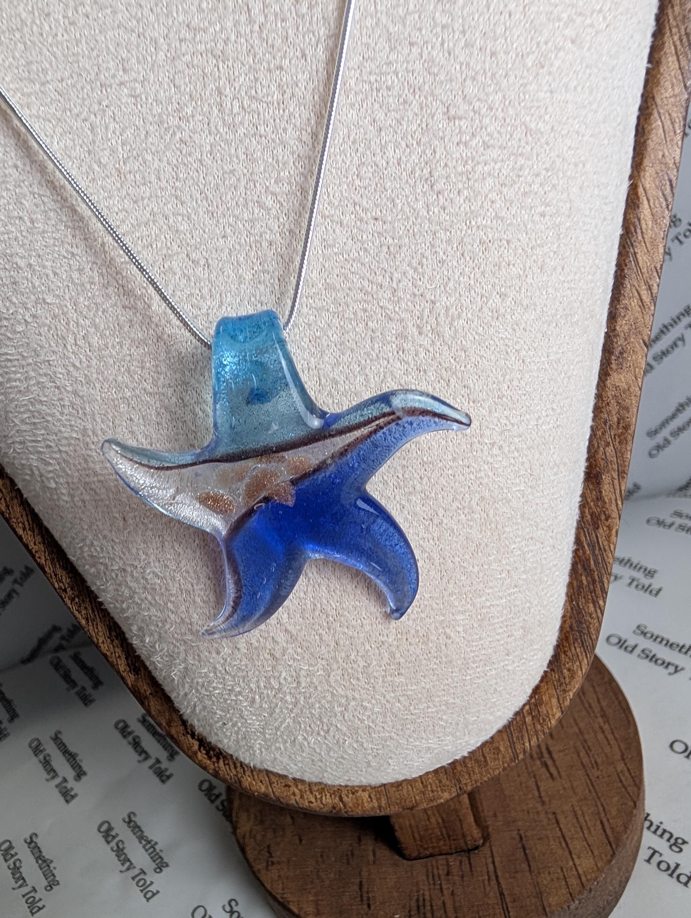 Art Glass Star Pendant Necklace, Blue Murano Style Fused Glass Charm, Shimmering Gold Aventurine Inclusions, Coastal Beach Jewelry Gift __etsy:8179264559