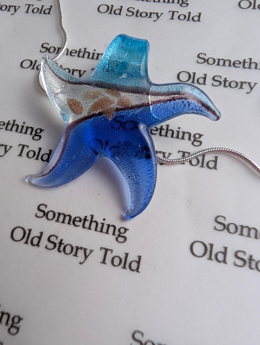 Art Glass Star Pendant Necklace, Blue Murano Style Fused Glass Charm, Shimmering Gold Aventurine Inclusions, Coastal Beach Jewelry Gift __etsy:8179264597