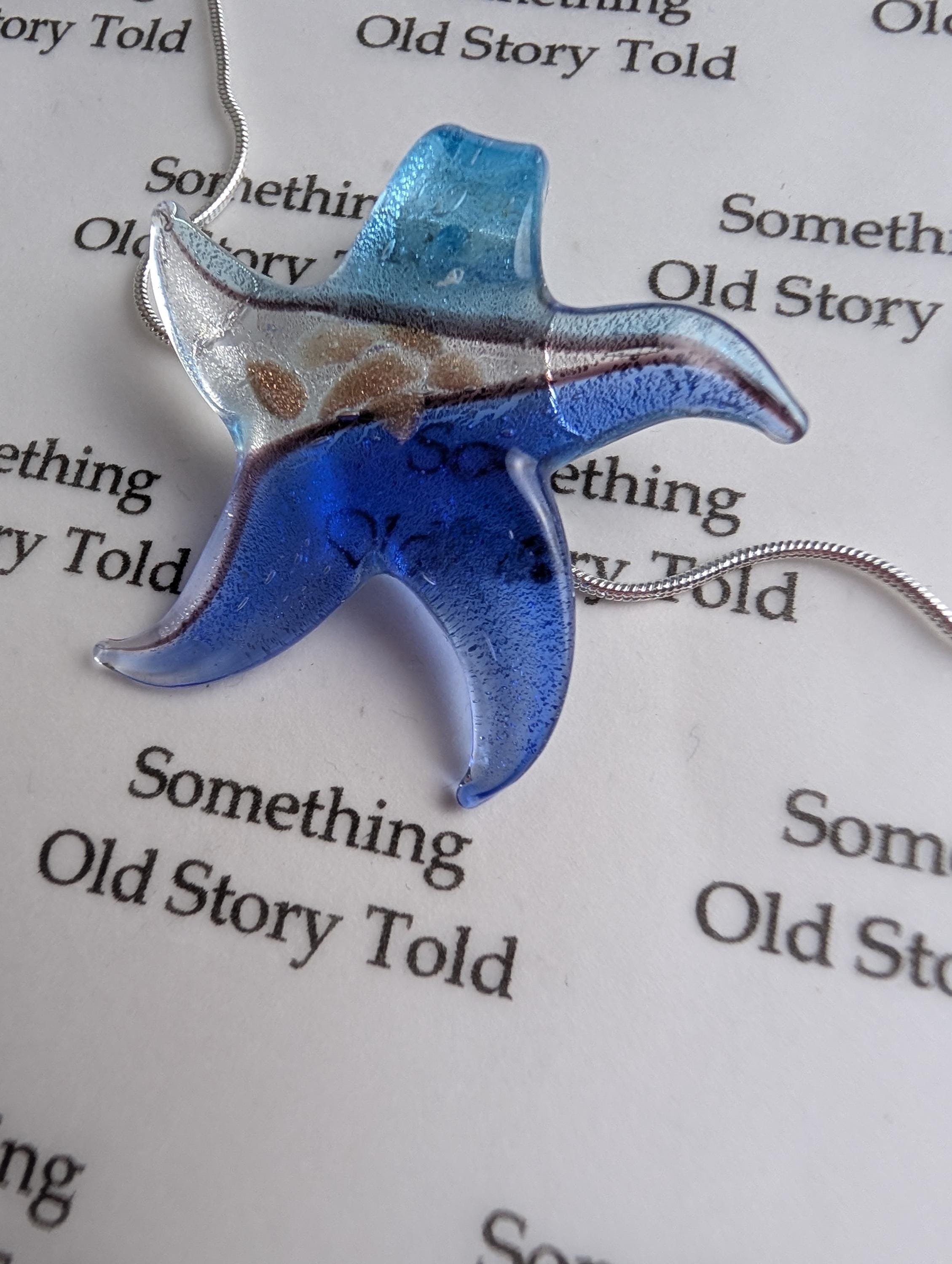 Art Glass Star Pendant Necklace, Blue Murano Style Fused Glass Charm, Shimmering Gold Aventurine Inclusions, Coastal Beach Jewelry Gift __etsy:8179264567