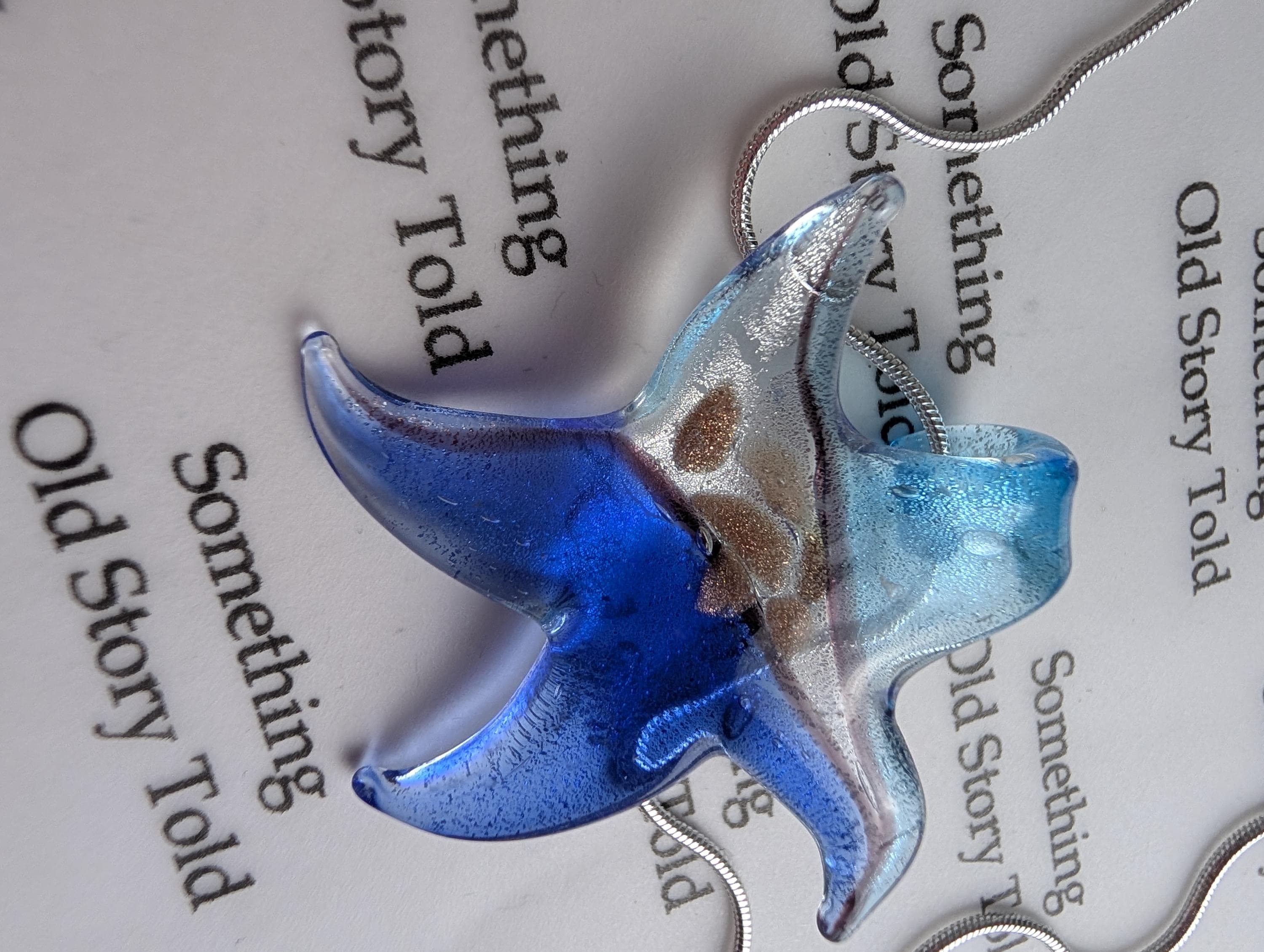 Art Glass Star Pendant Necklace, Blue Murano Style Fused Glass Charm, Shimmering Gold Aventurine Inclusions, Coastal Beach Jewelry Gift __etsy:8179264593