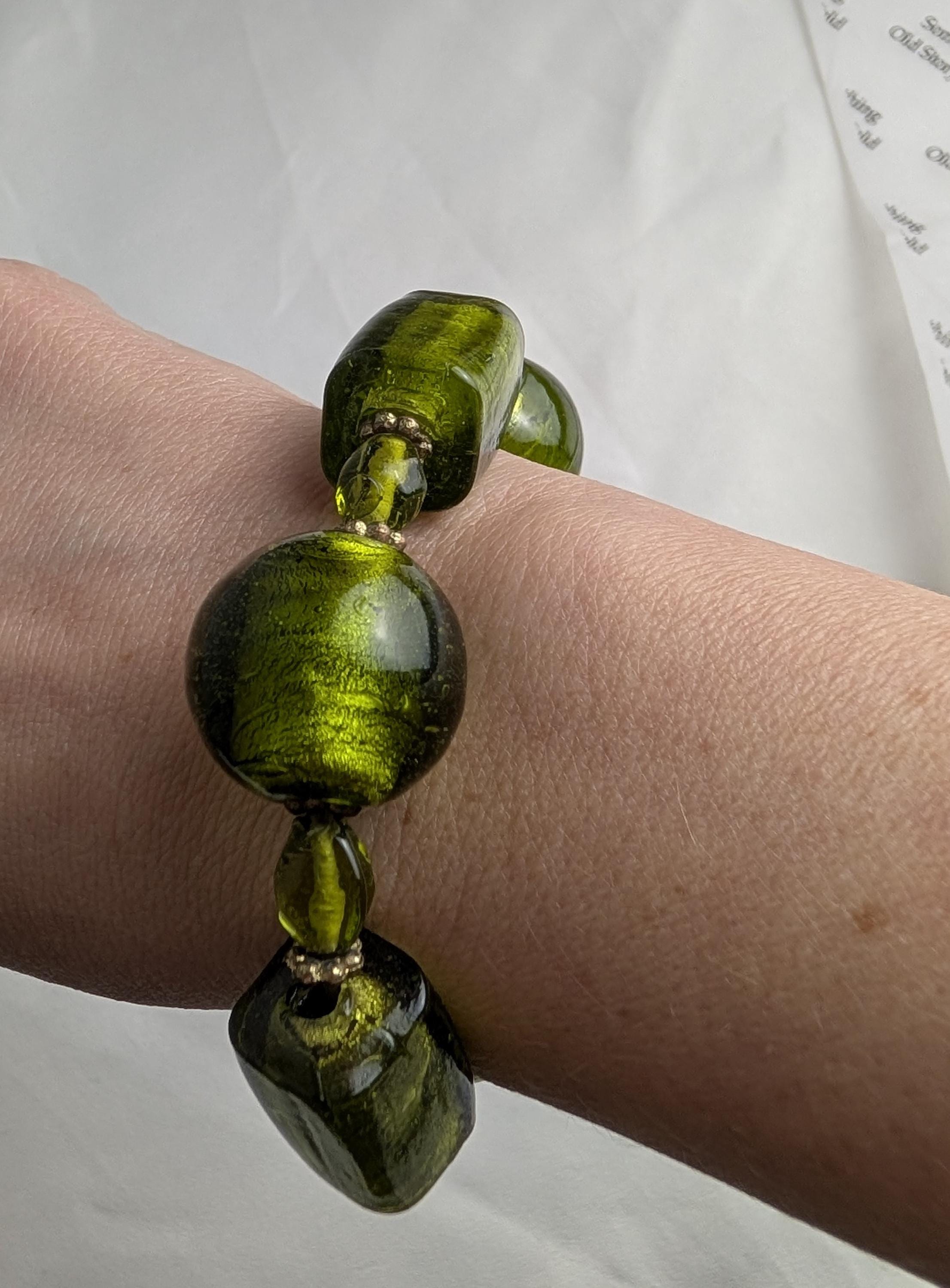 Murano Style Green Foil Glass Bracelet – Chunky Lampwork Statement Wristlet (1980s) __etsy:8088772769