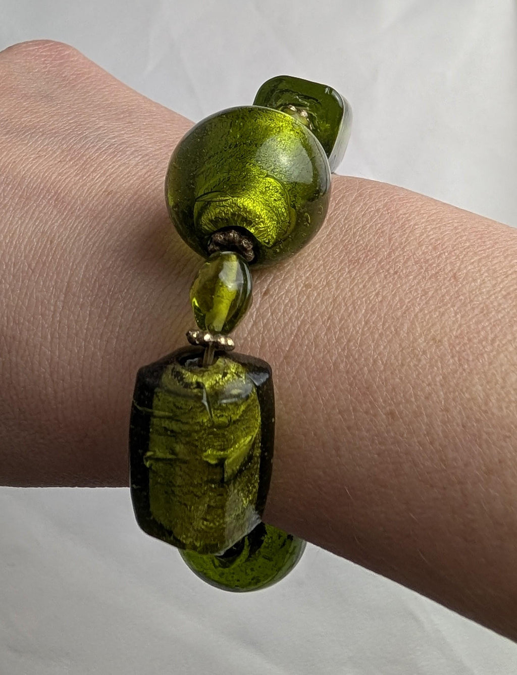 Murano Style Green Foil Glass Bracelet – Chunky Lampwork Statement Wristlet (1980s) __etsy:8040860900