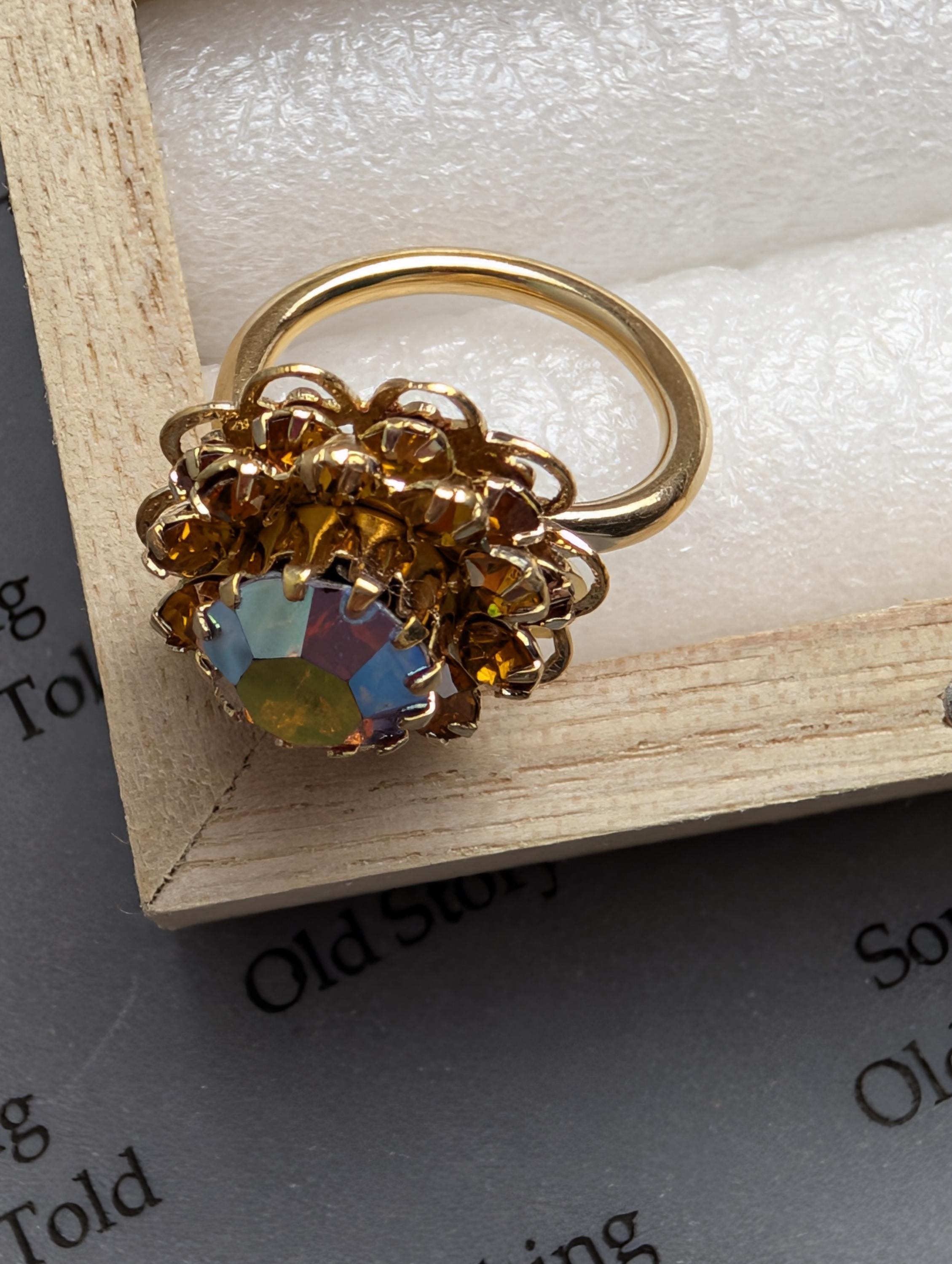 Sarah Coventry Amber Ice Ring | 1960s Aurora Borealis Sunburst Statement (Signed Cov) __etsy:8038837091