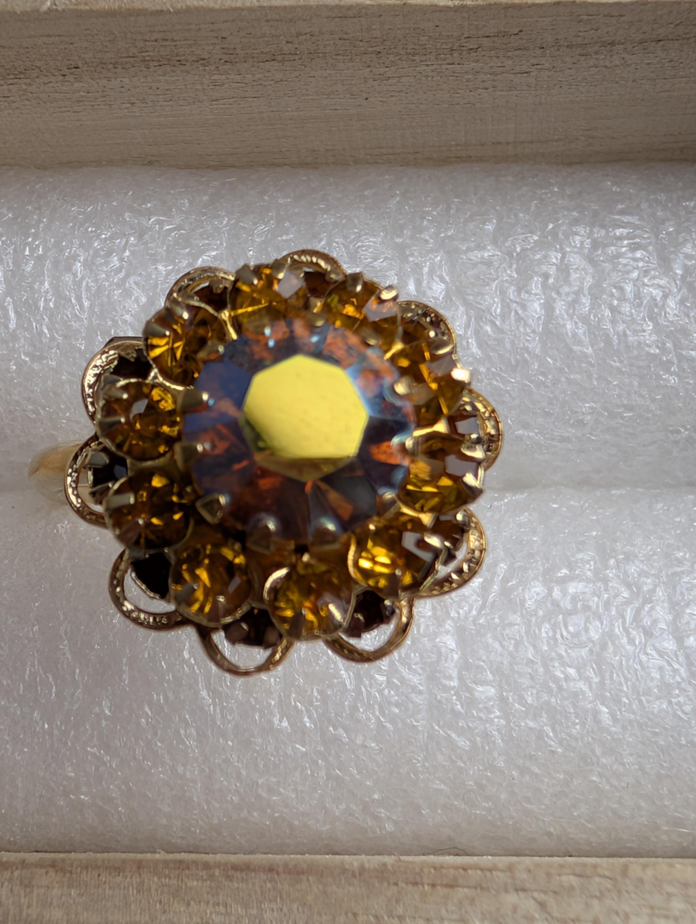 Sarah Coventry Amber Ice Ring | 1960s Aurora Borealis Sunburst Statement (Signed Cov) __etsy:8038837113