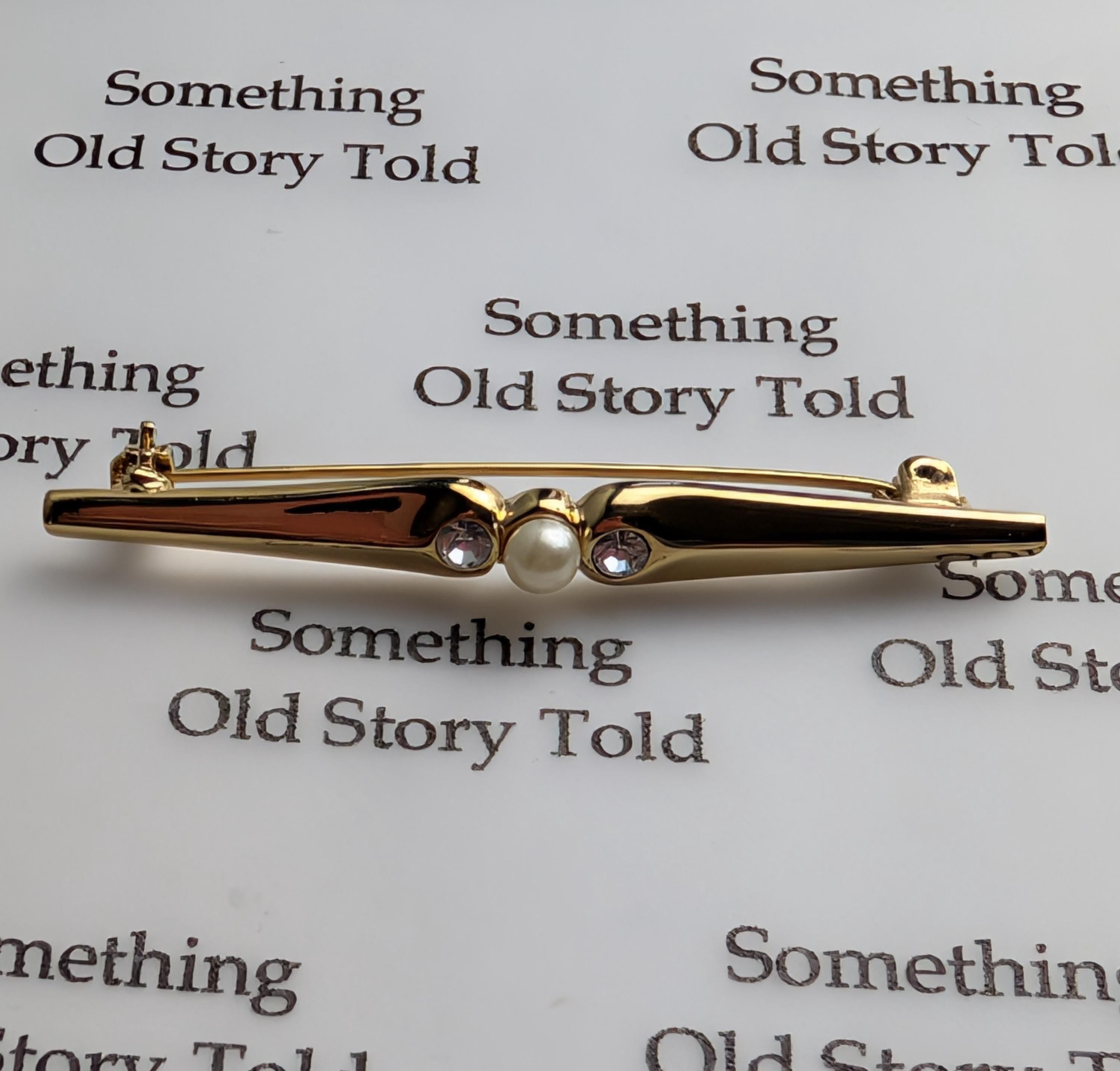 Set of 3 Vintage Gold Tone Bar Brooches | Faux Pearl Crystal Lapel Pins __etsy:7984891284