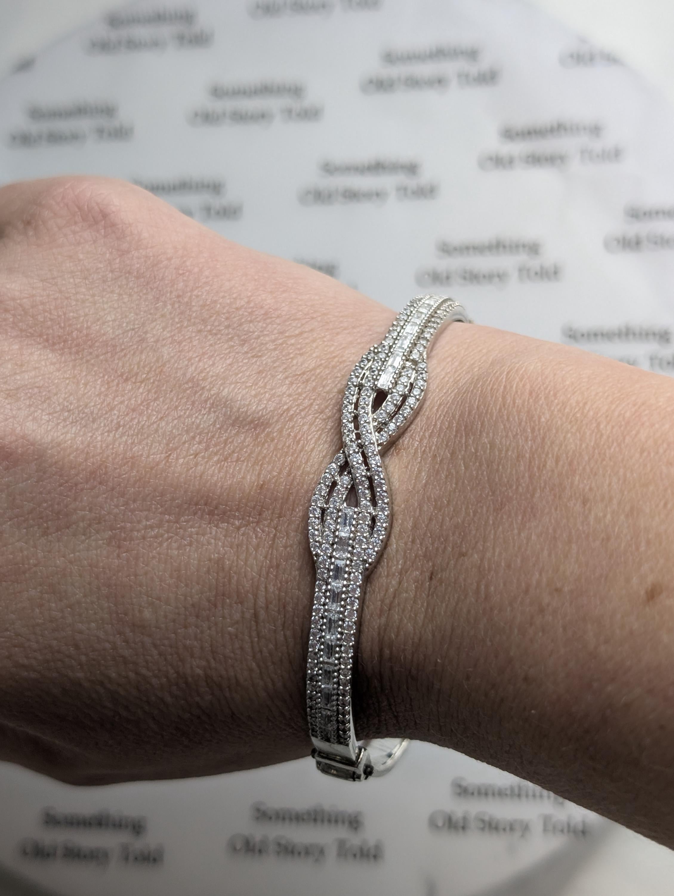 Sterling Silver Infinity Bangle Bracelet, Vintage 925 Clear Cubic Zirconia Twist Hinged Bangle, Box Clasp Safety Latch Bridal Sparkle __etsy:8115856804
