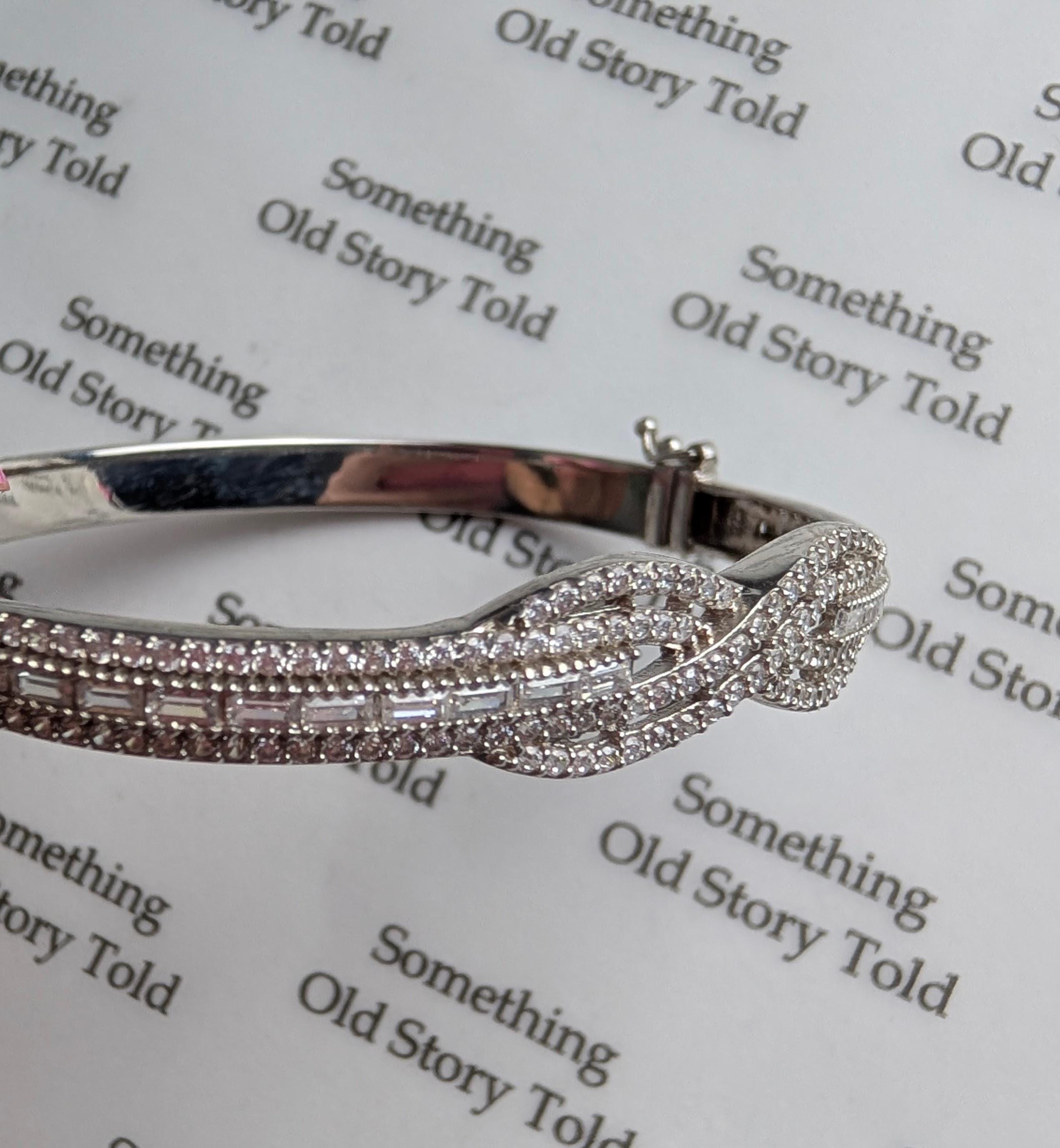 Sterling Silver Infinity Bangle Bracelet, Vintage 925 Clear Cubic Zirconia Twist Hinged Bangle, Box Clasp Safety Latch Bridal Sparkle __etsy:8163764047