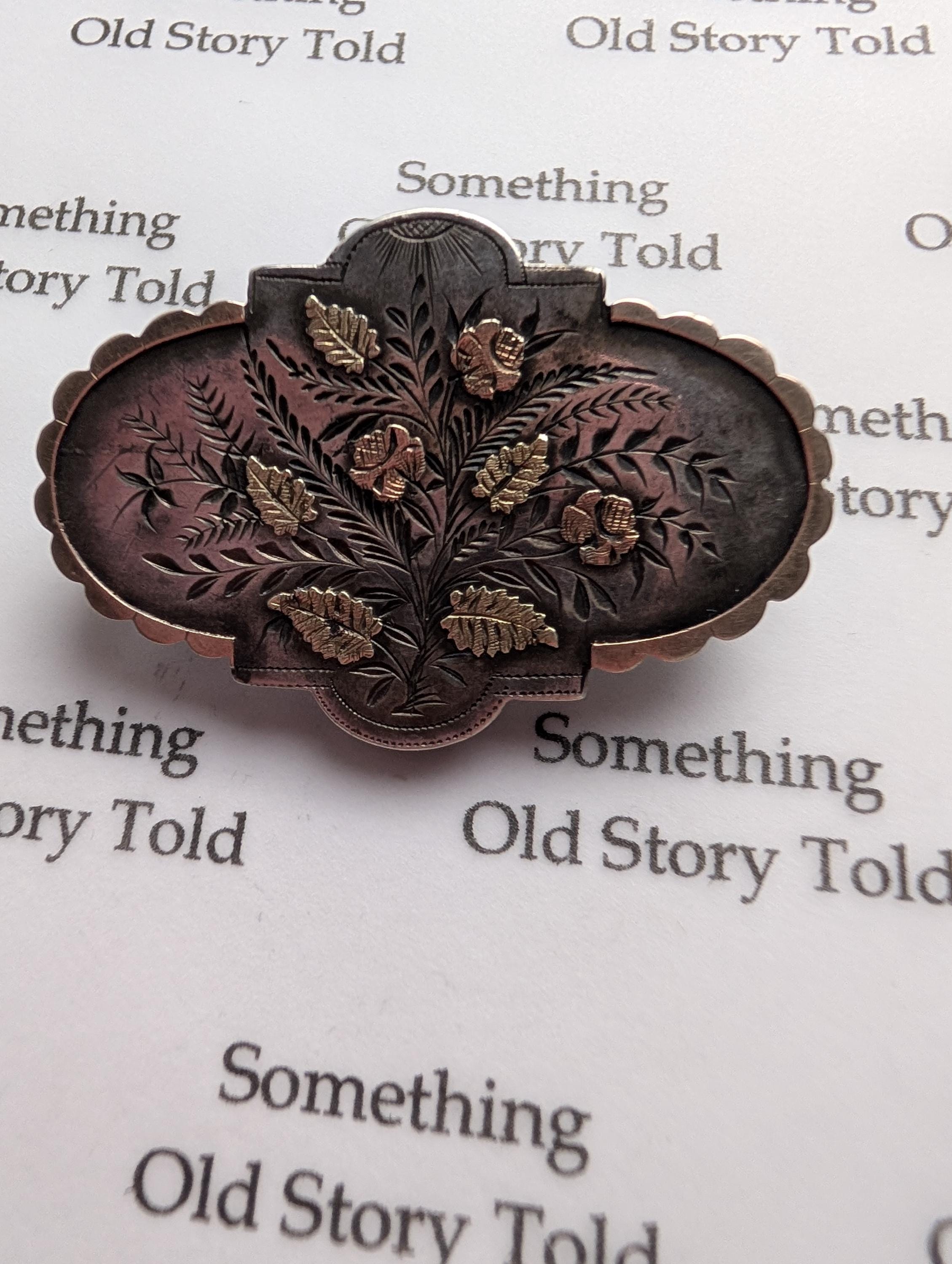 Victorian Sterling Silver Brooch, Hand Engraved Rose Design, 1884 Birmingham Hallmark __etsy:8046327455