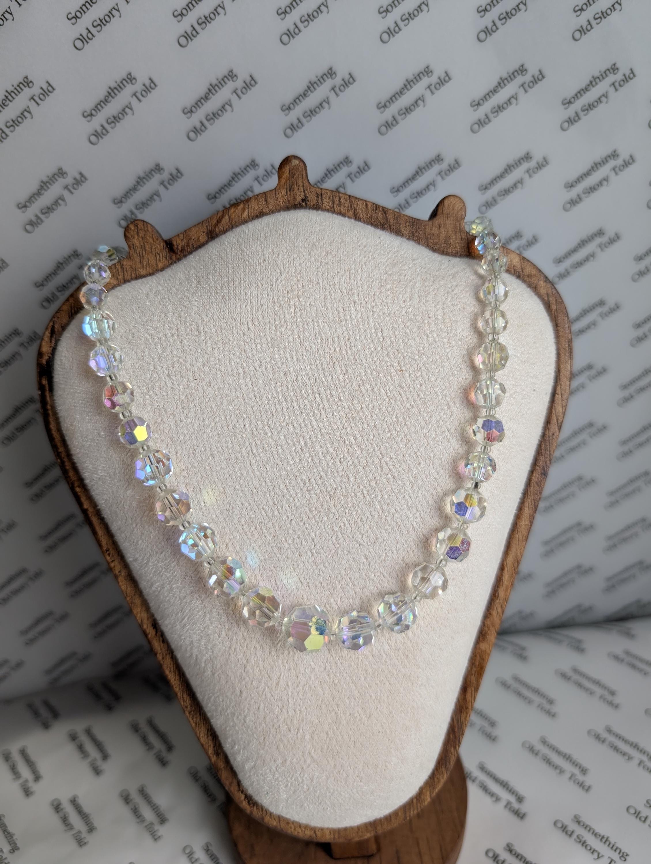 Vintage Aurora Borealis Crystal Choker Necklace, Graduated Faceted Glass Bead Strand, Iridescent Shimmer Necklace, Rhinestone Barrel Clasp __etsy:8123940590