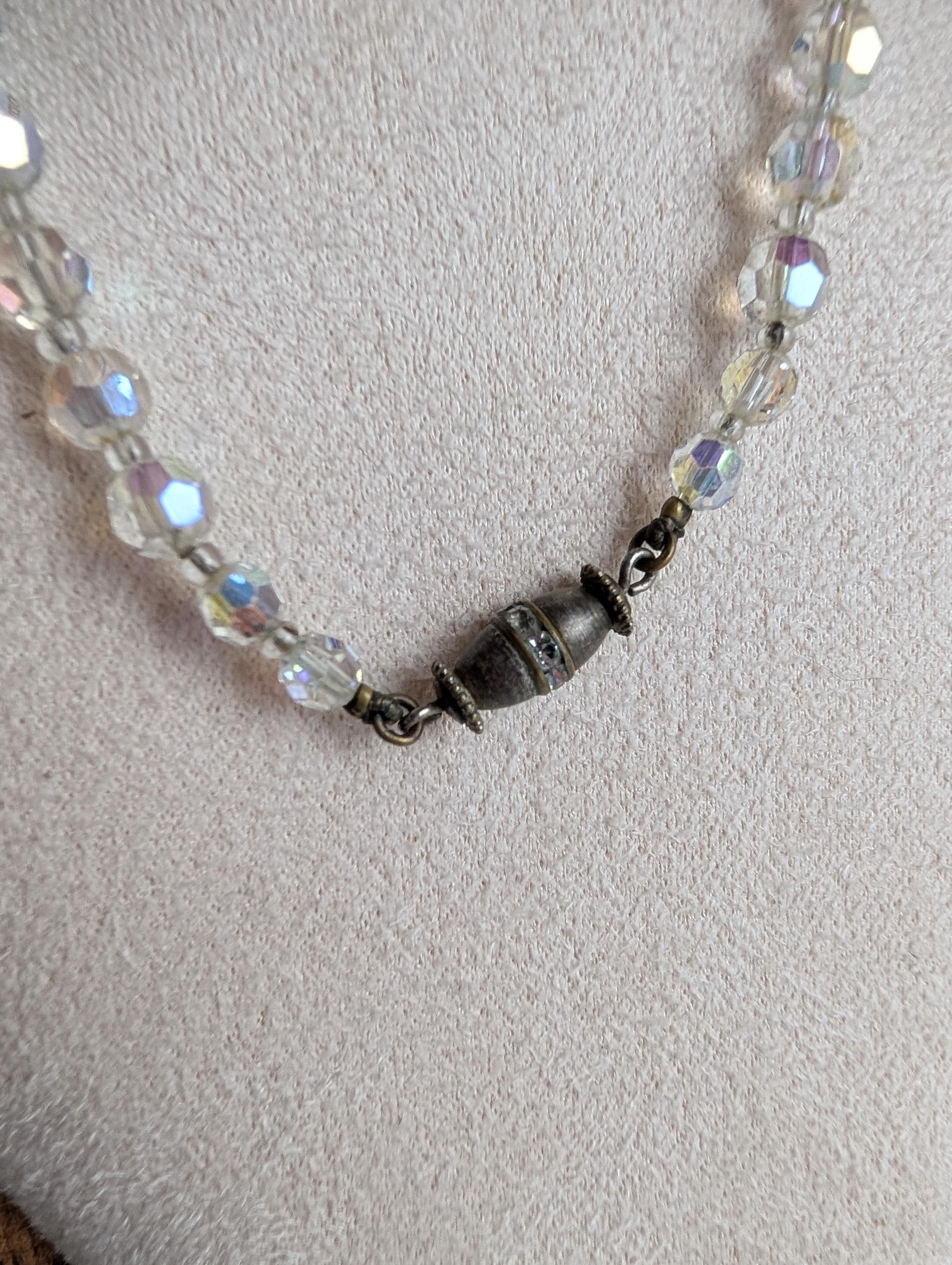 Vintage Aurora Borealis Crystal Choker Necklace, Graduated Faceted Glass Bead Strand, Iridescent Shimmer Necklace, Rhinestone Barrel Clasp __etsy:8171851287