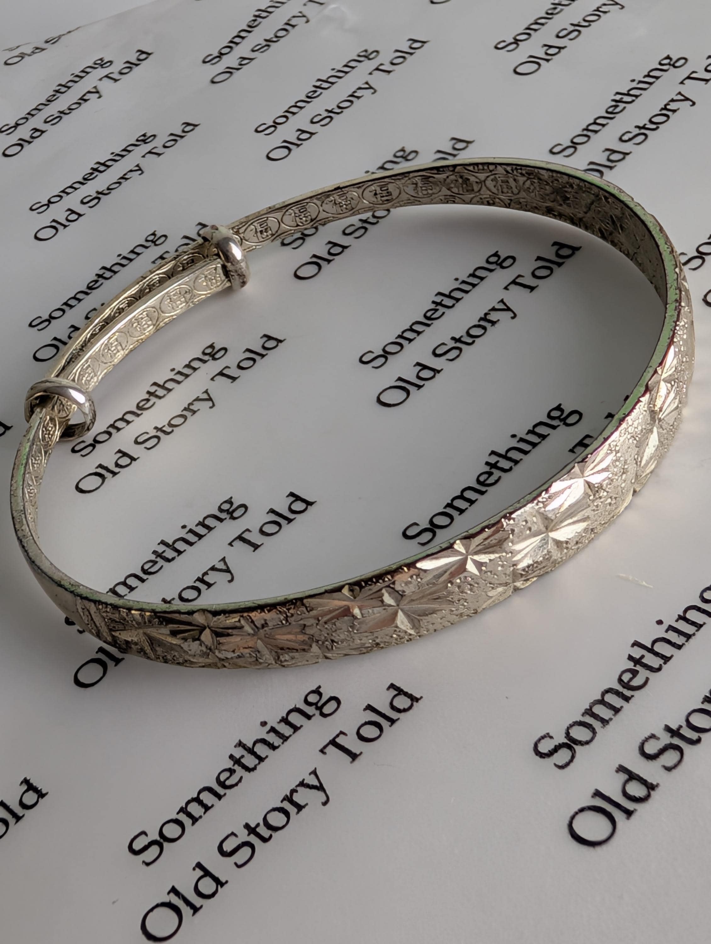 Vintage Chinese Pure Silver Bangle, Fine Silver 999 Adjustable sliding Bracelet, Fu Character Good Fortune Starburst Diamond Cut Bangle __etsy:8142091839