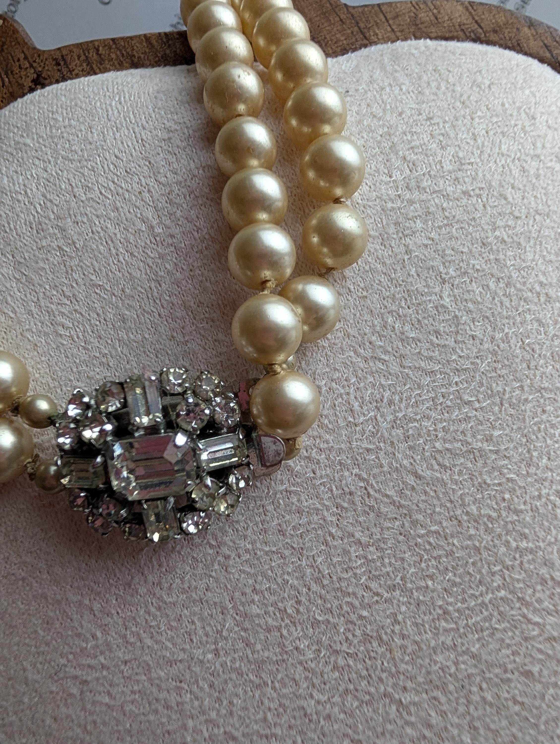 Vintage Double Strand Faux Pearl Necklace | Art Deco Style Rhinestone Clasp | Mid-Century Classic Jewelry __etsy:8051068023