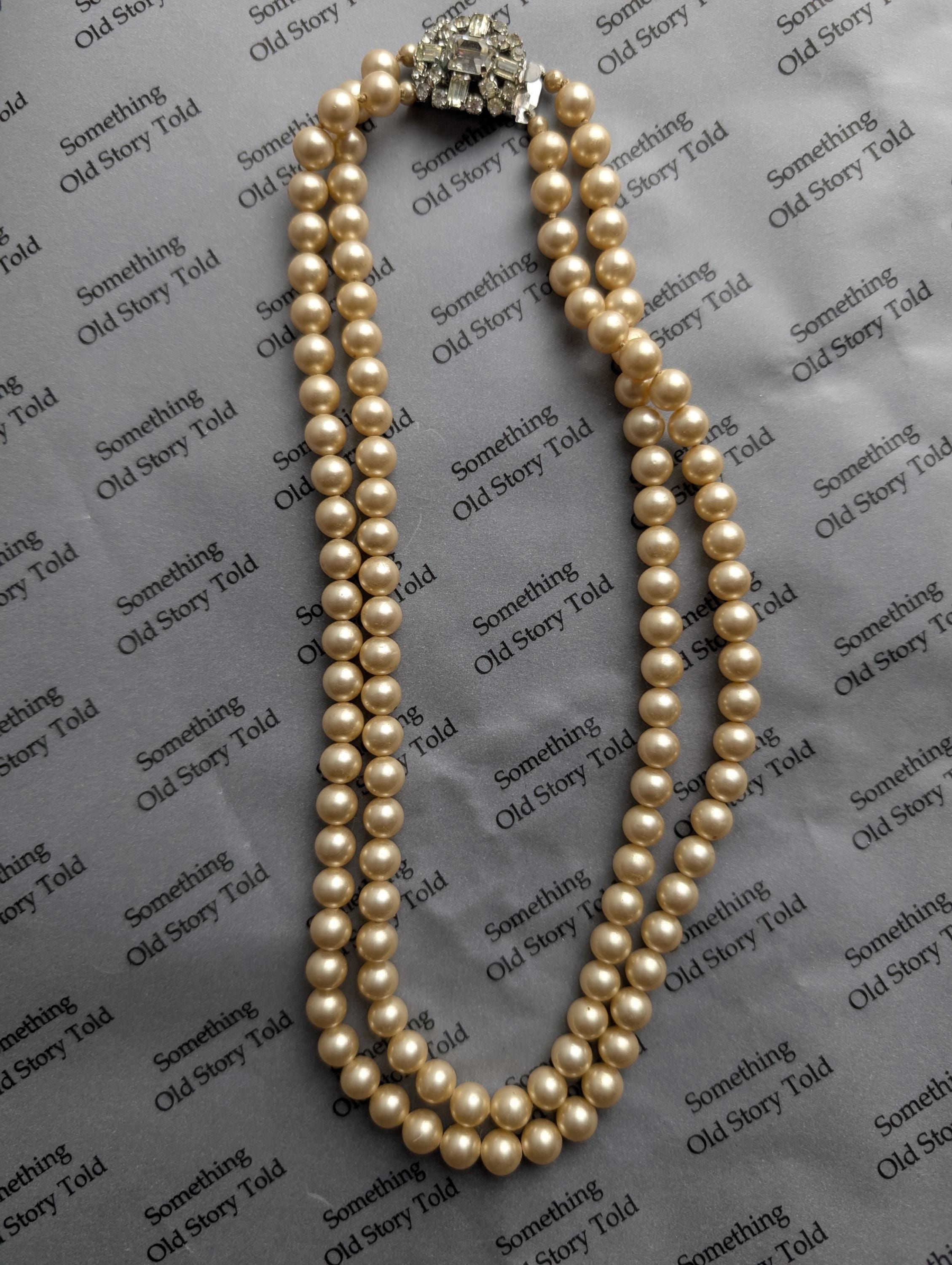 Vintage Double Strand Faux Pearl Necklace | Art Deco Style Rhinestone Clasp | Mid-Century Classic Jewelry __etsy:8051067995