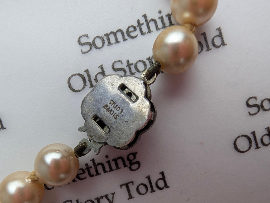 Vintage Lotus Simulated Pearl Necklace, Silver Floral Clasp, Cream Hardshell Box __etsy:8082027006