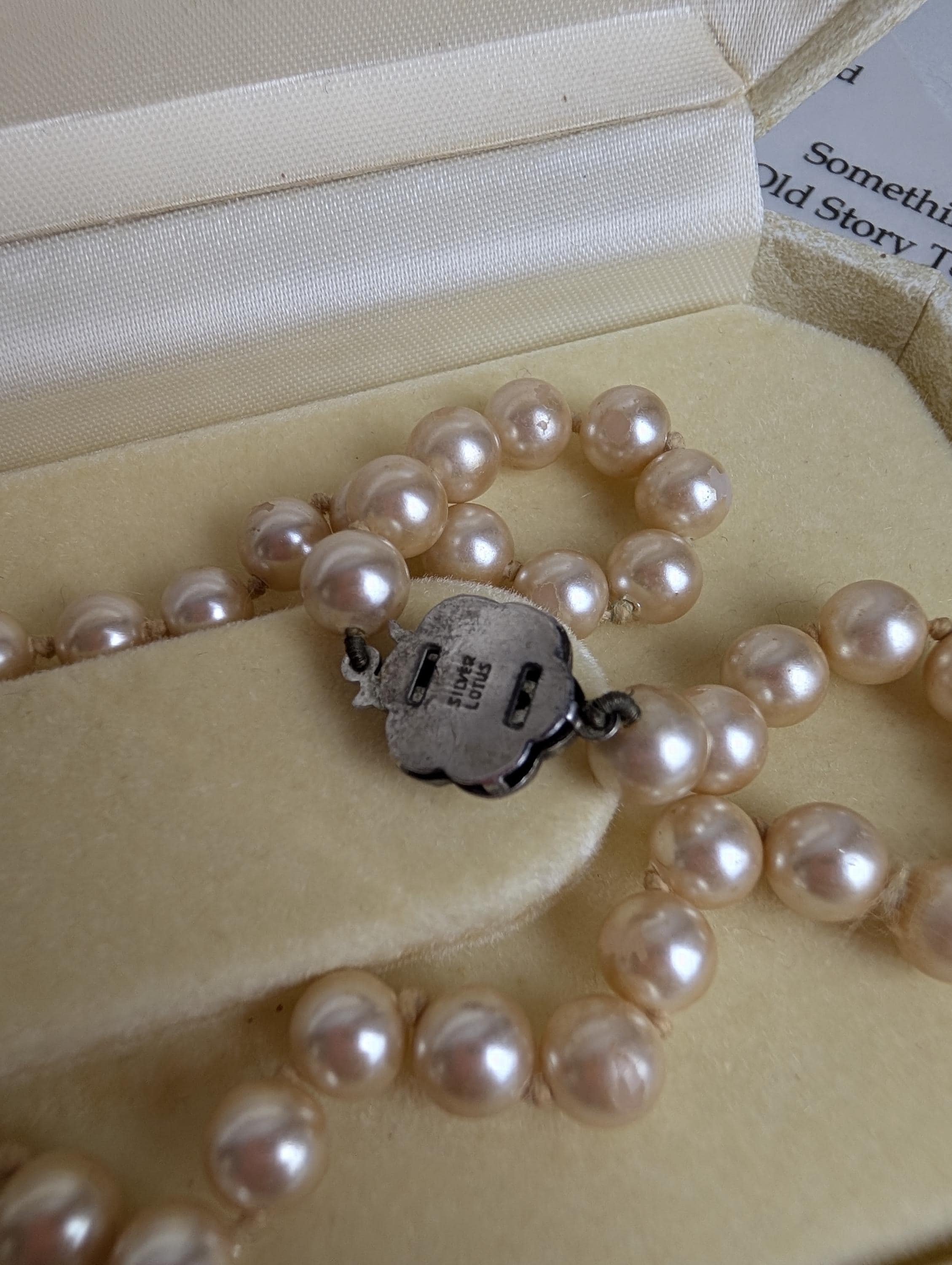 Vintage Lotus Simulated Pearl Necklace, Silver Floral Clasp, Cream Hardshell Box __etsy:8129940679