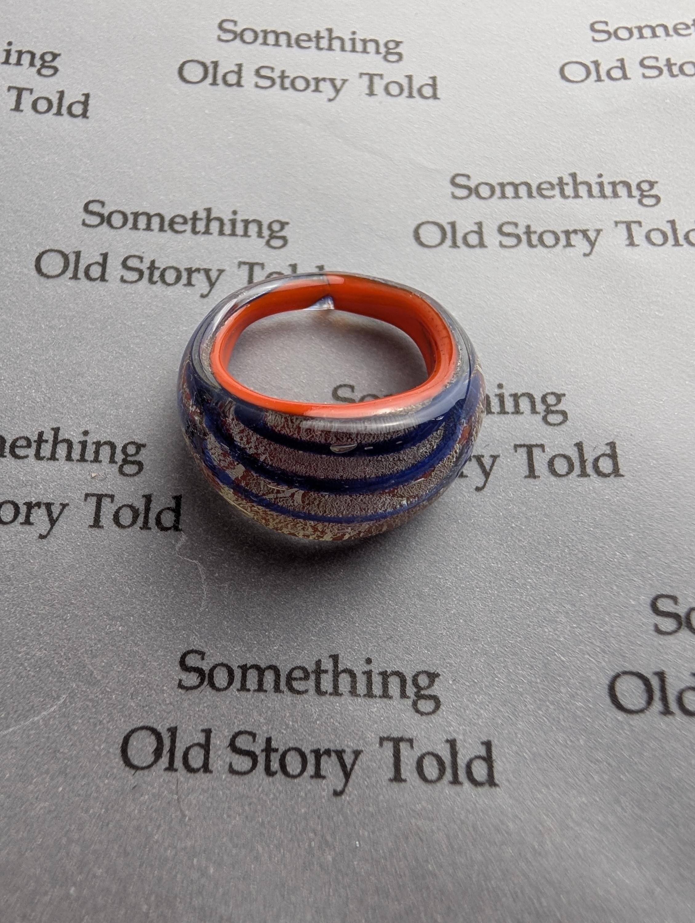 Vintage Murano Glass Ring | Blue Orange Swirl Aventurine Flecks | Mid-Century Venetian Dome __etsy:8051121051