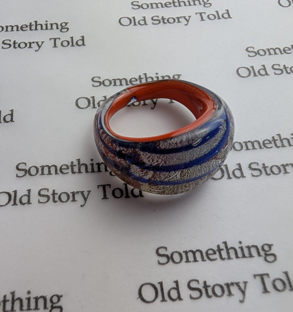 Vintage Murano Glass Ring | Blue Orange Swirl Aventurine Flecks | Mid-Century Venetian Dome __etsy:8051121025