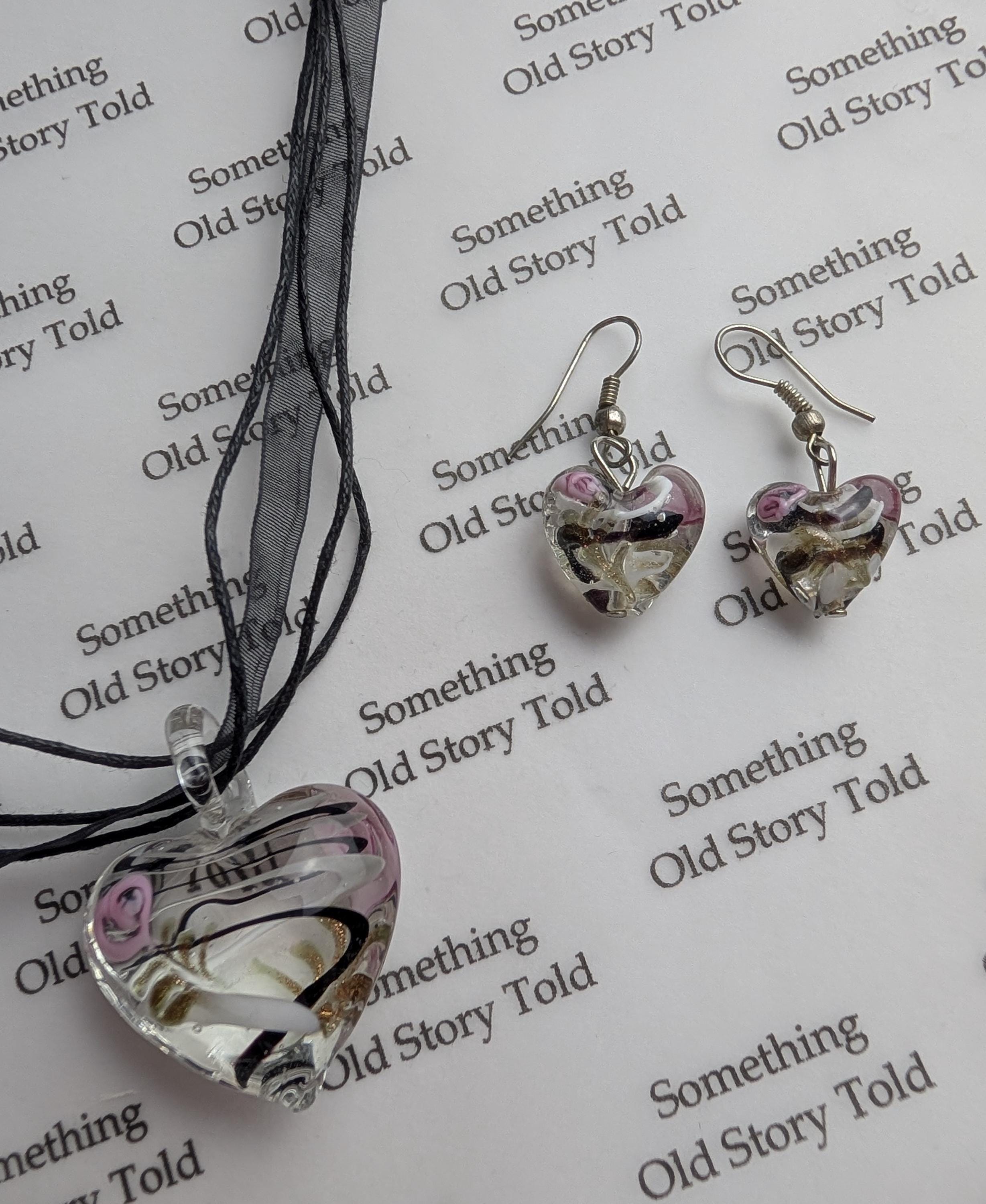 Vintage Murano Style Glass Heart Necklace & Earrings Set, Y2K Pink and Black Swirl Lampwork Pendant, Multi Strand Ribbon Cord Boho Choker __etsy:8140788017