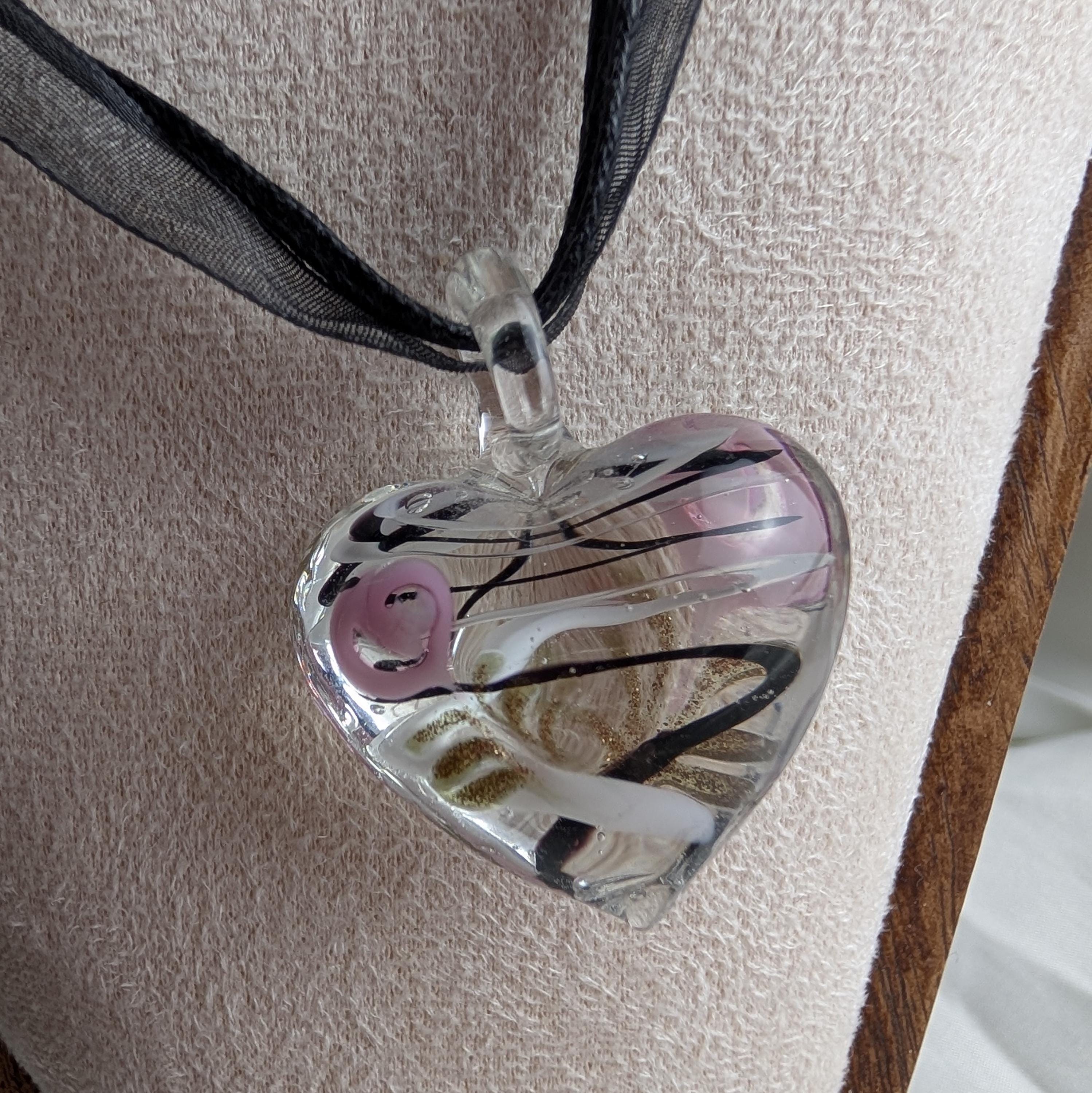 Vintage Murano Style Glass Heart Necklace & Earrings Set, Y2K Pink and Black Swirl Lampwork Pendant, Multi Strand Ribbon Cord Boho Choker __etsy:8140788013