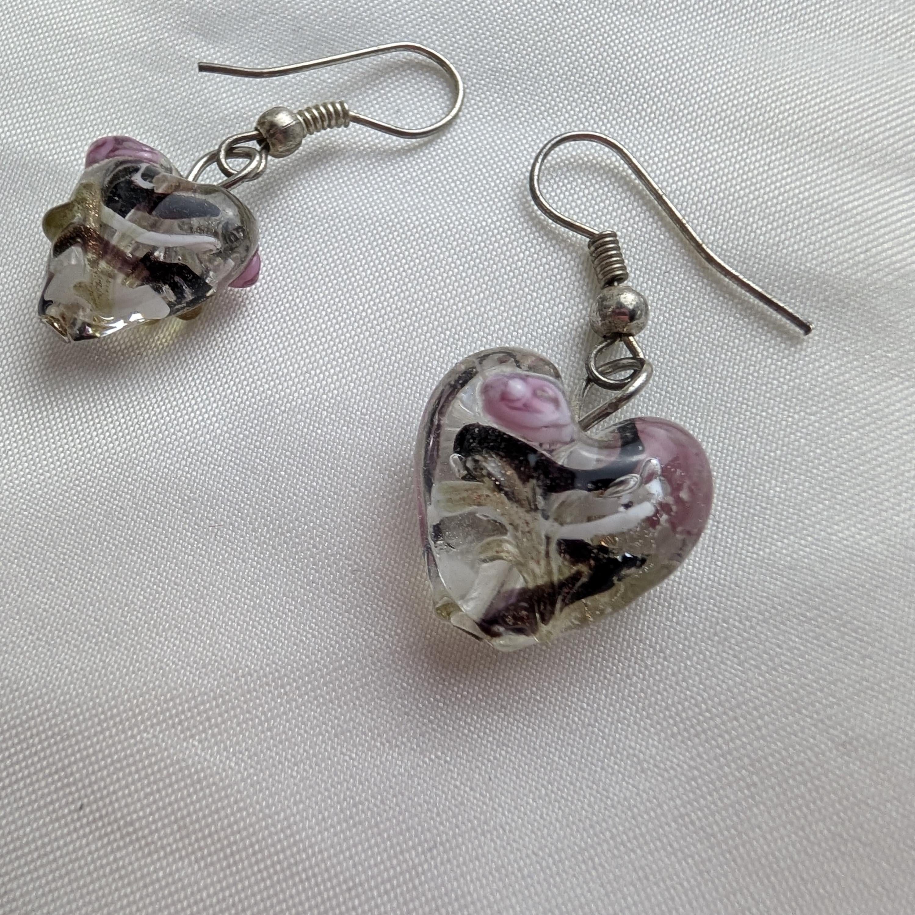 Vintage Murano Style Glass Heart Necklace & Earrings Set, Y2K Pink and Black Swirl Lampwork Pendant, Multi Strand Ribbon Cord Boho Choker __etsy:8140788041