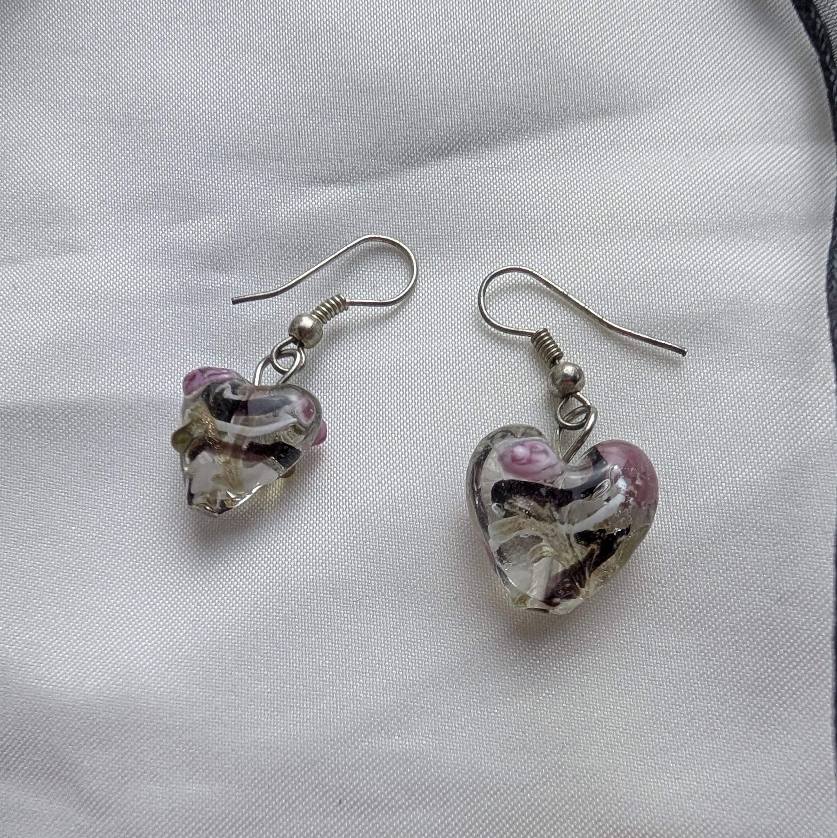 Vintage Murano Style Glass Heart Necklace & Earrings Set, Y2K Pink and Black Swirl Lampwork Pendant, Multi Strand Ribbon Cord Boho Choker __etsy:8140788035