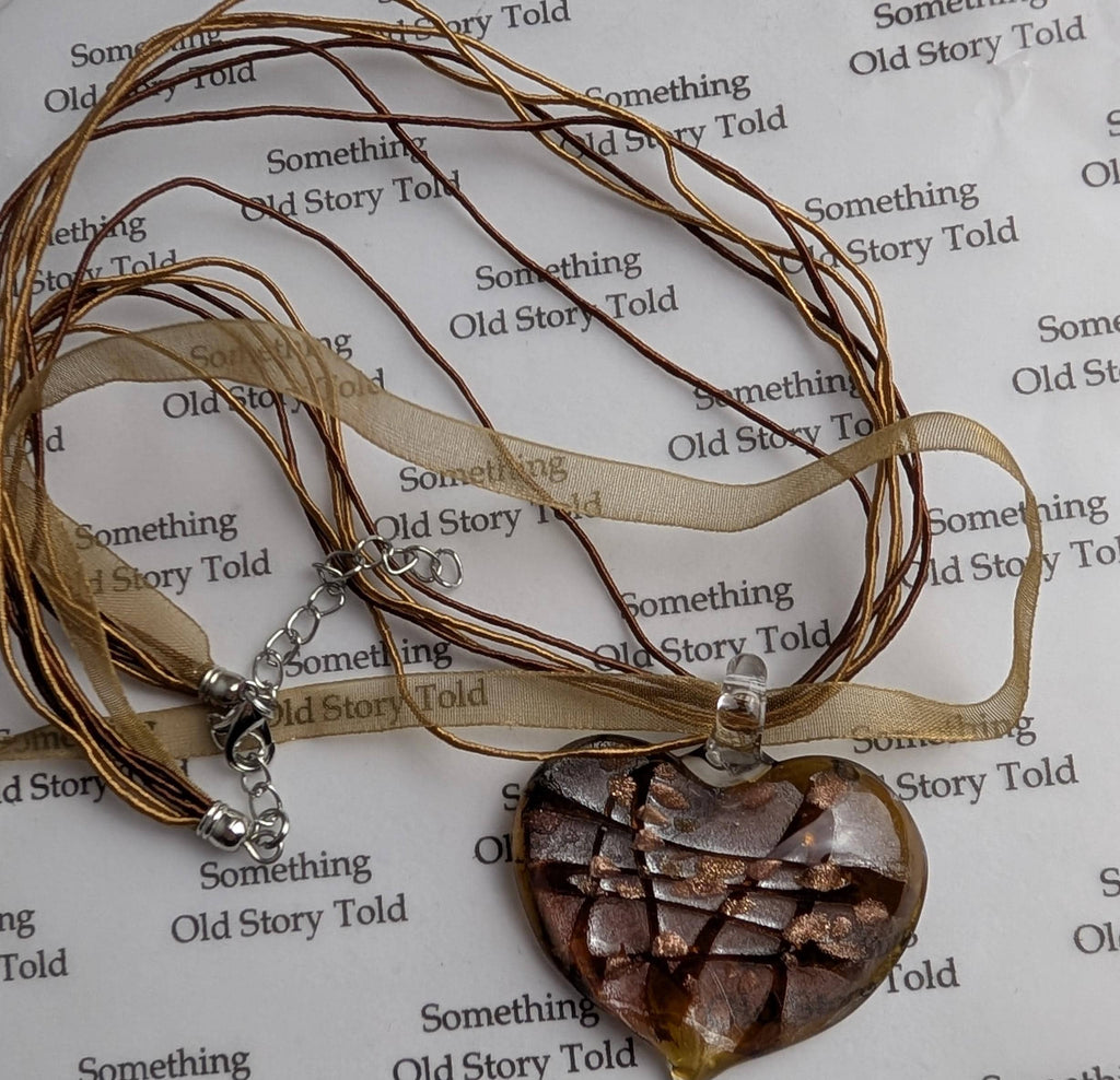 Vintage Murano Style Glass Heart Pendant Necklace, Y2K Aventurine Lampwork, Boho Ribbon Choker __etsy:8140298157