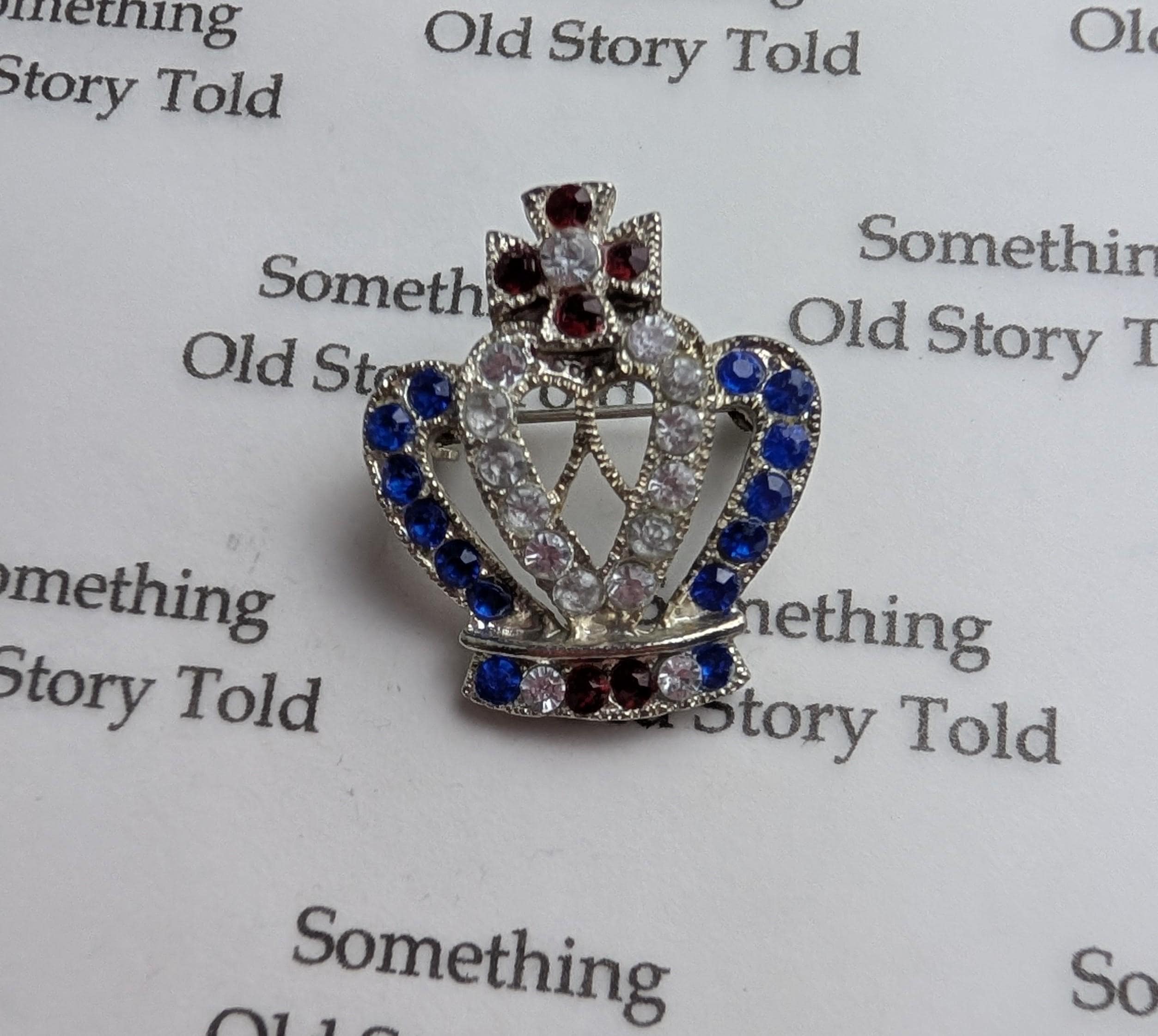 Vintage Rhinestone Crown Brooch, Red White Blue British Royal Jubilee Coronation Pin, Silver Tone Patriotic Costume Jewellery, Coronation __etsy:8104790356