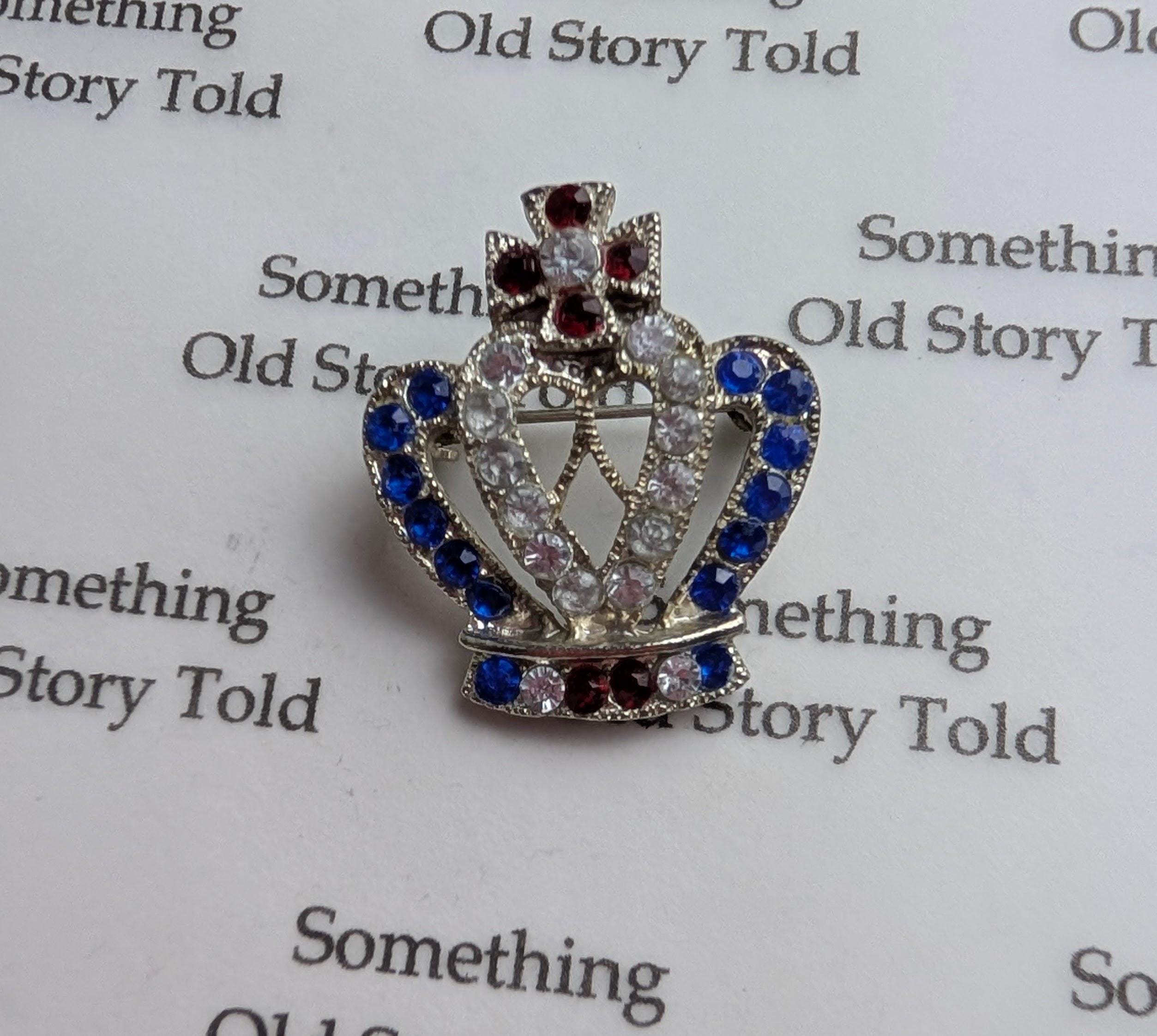 Vintage Rhinestone Crown Brooch, Red White Blue British Royal Jubilee Coronation Pin, Silver Tone Patriotic Costume Jewellery, Coronation __etsy:8152697349