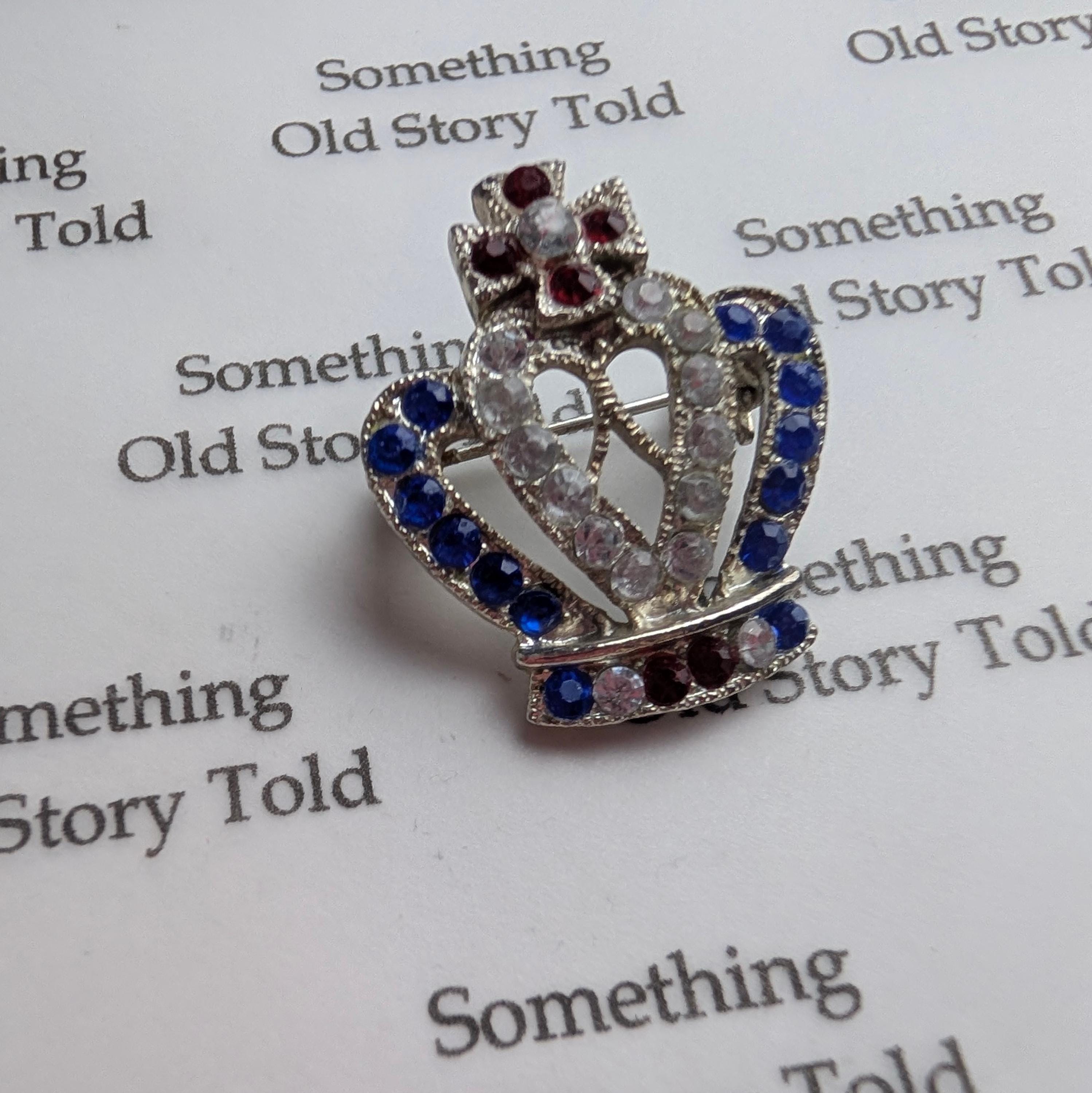 Vintage Rhinestone Crown Brooch, Red White Blue British Royal Jubilee Coronation Pin, Silver Tone Patriotic Costume Jewellery, Coronation __etsy:8104790640