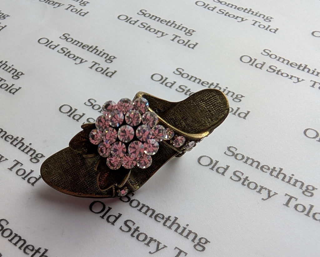 Vintage Rhinestone High Heel Brooch – Antiqued Brass Stiletto Sandal Pin 1980s Costume Jewellery __etsy:8088703293