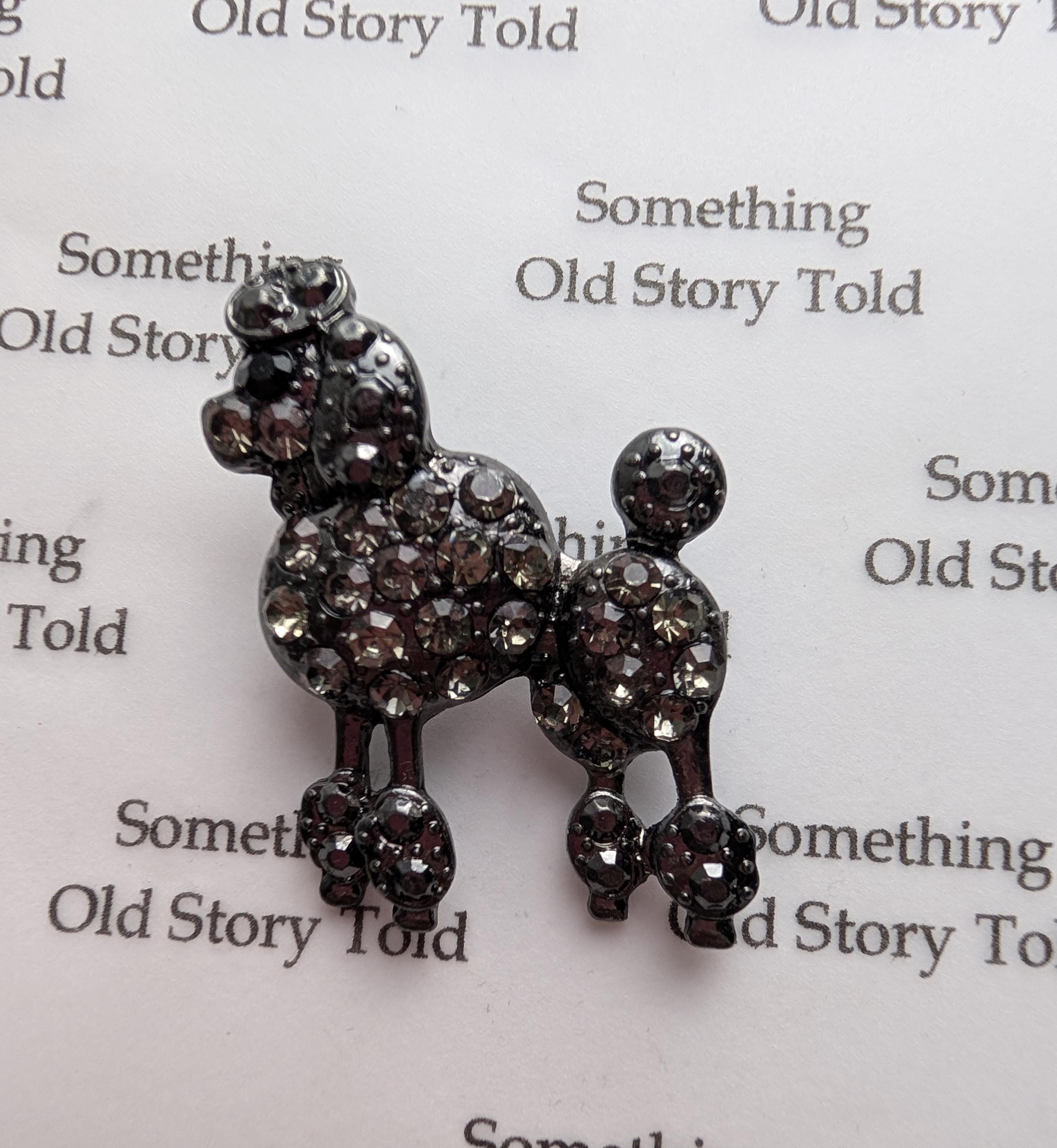 Vintage Rhinestone Poodle Brooch, Gunmetal Smoky Crystal Dog Pin __etsy:8076603529