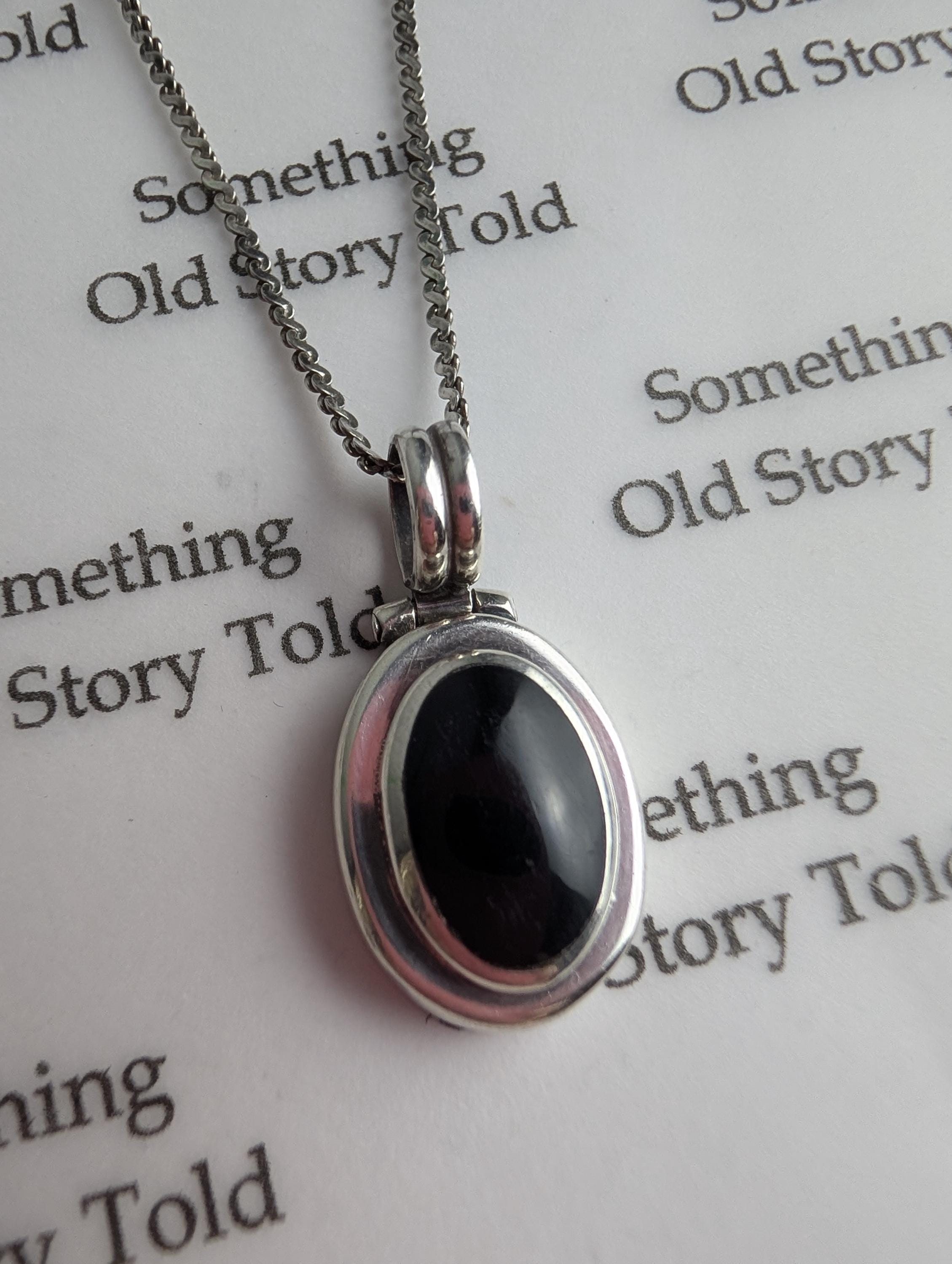Vintage Sterling Silver Black Onyx Pendant Necklace, Oval Cabochon Bezel Set Medallion, Made in Italy 925 Chain Necklace, Modernist Gift __etsy:8112787834