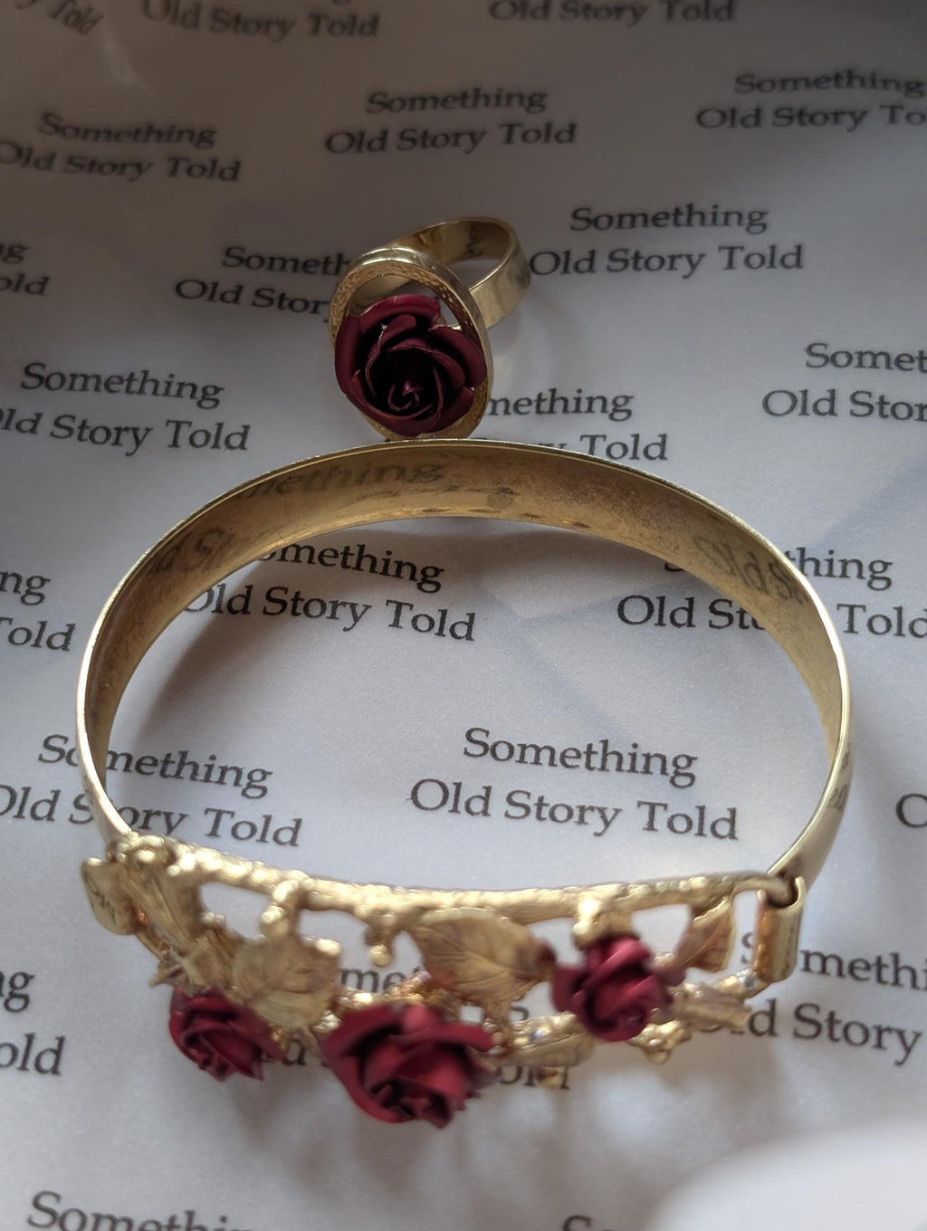 Vintage 1960s Gold Plated Rose Bangle Ring Set | Mid-Century Statement Jewellery __etsy:7698735678