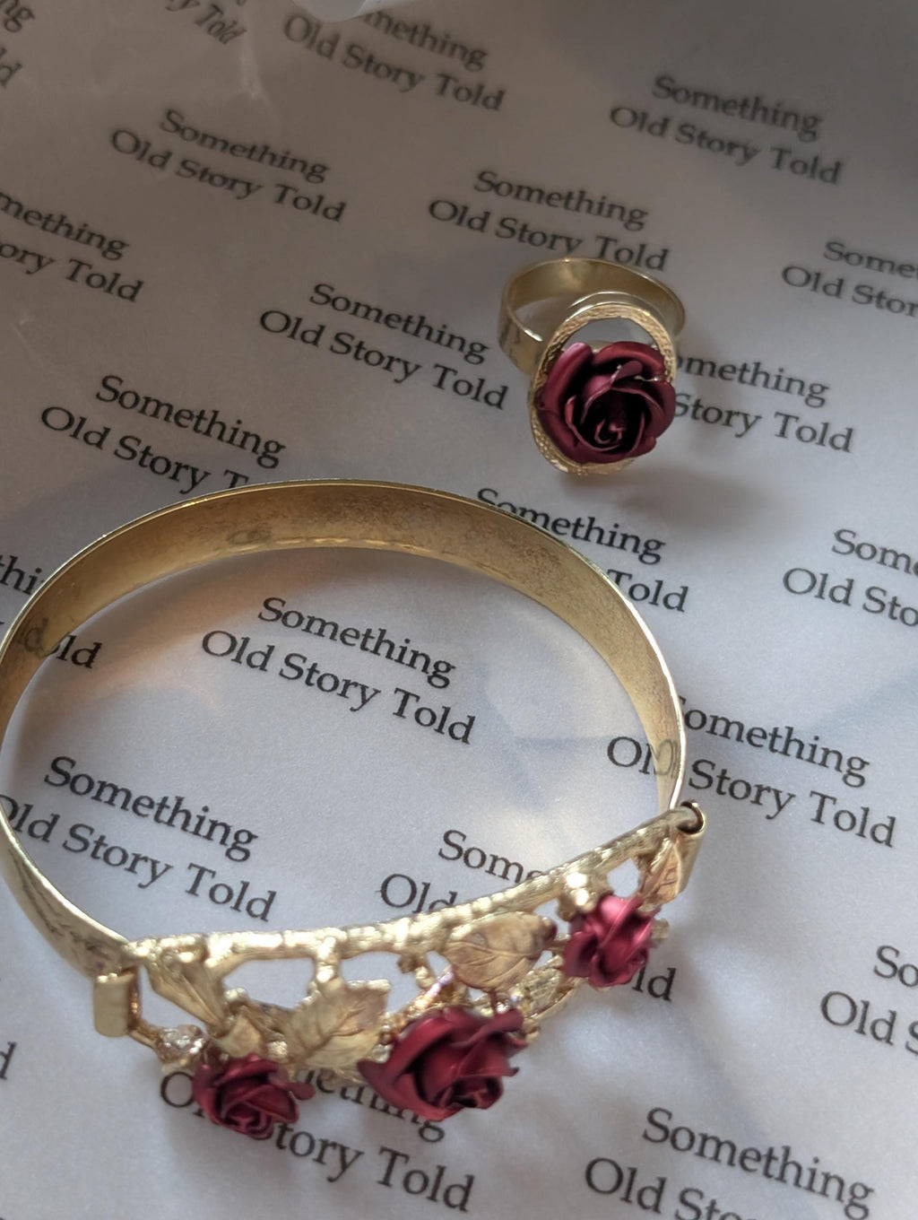 Vintage 1960s Gold Plated Rose Bangle Ring Set | Mid-Century Statement Jewellery __etsy:7698735698