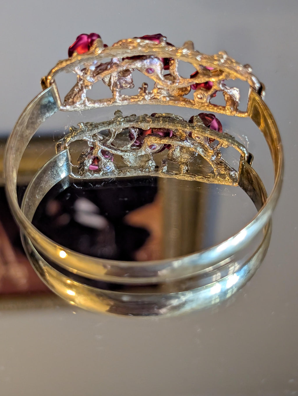 Vintage 1960s Gold Plated Rose Bangle Ring Set | Mid-Century Statement Jewellery __etsy:7746682717