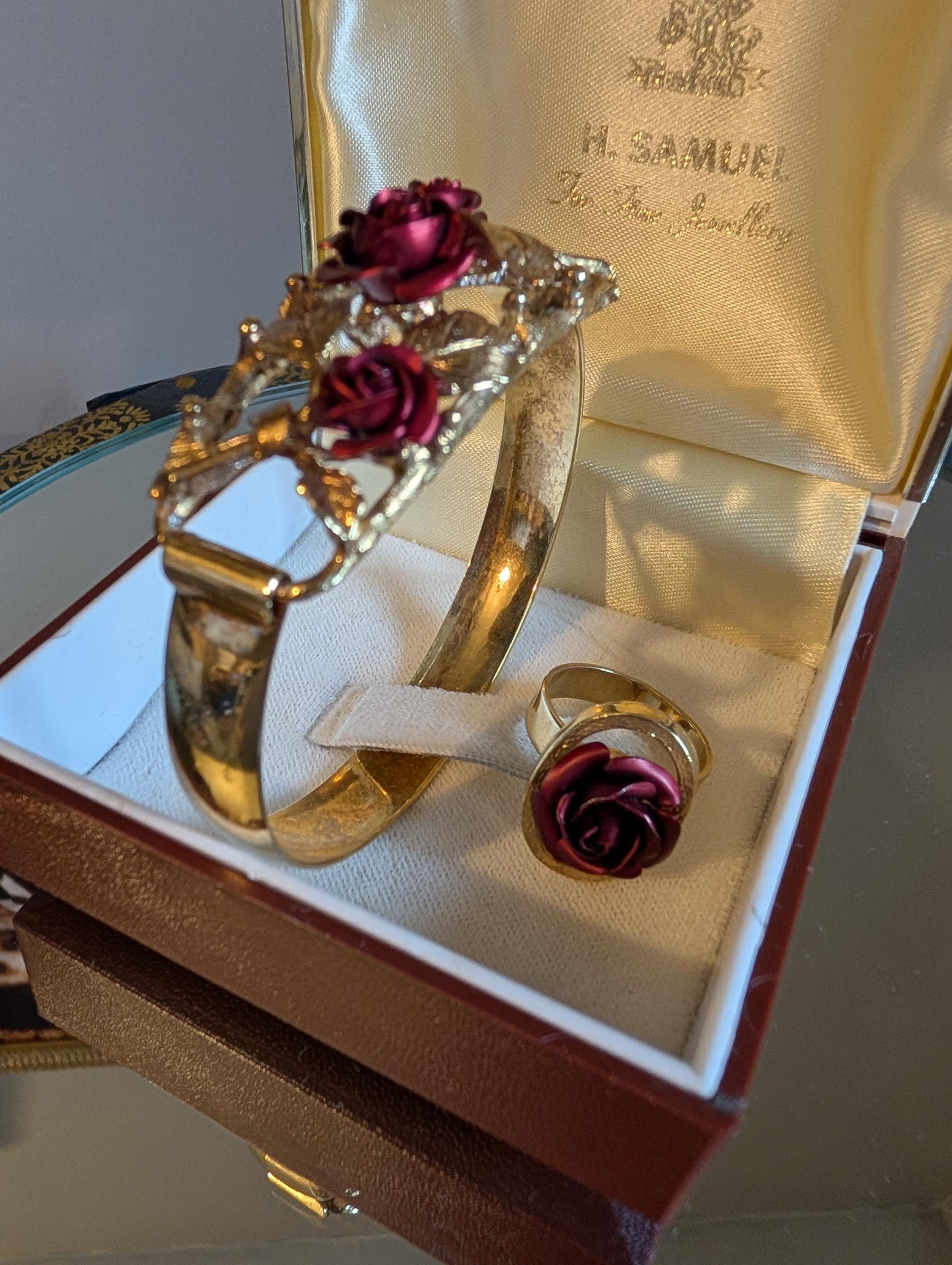 Vintage 1960s Gold Plated Rose Bangle Ring Set | Mid-Century Statement Jewellery __etsy:7746682795