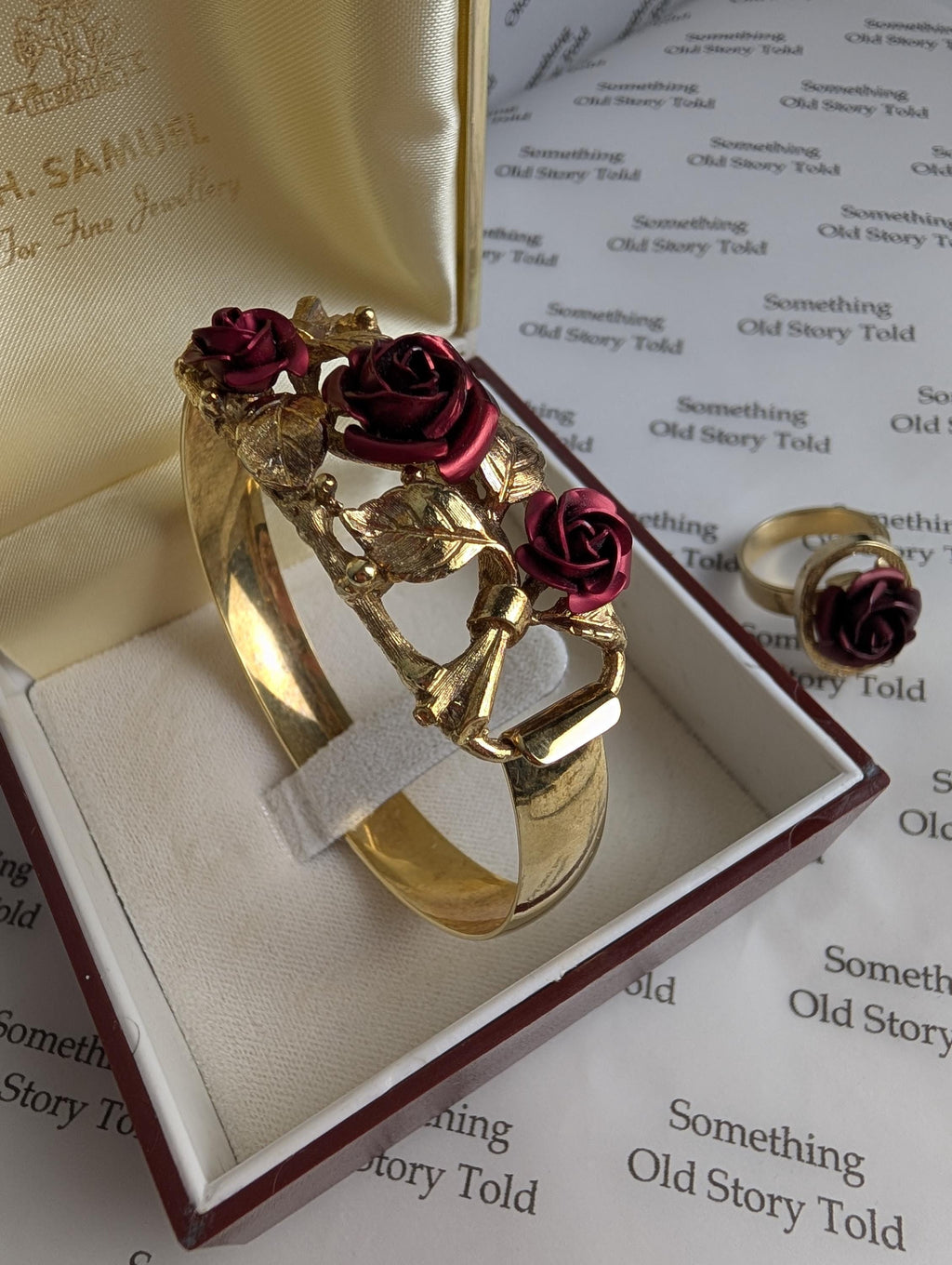 Vintage 1960s Gold Plated Rose Bangle Ring Set | Mid-Century Statement Jewellery __etsy:8070959162