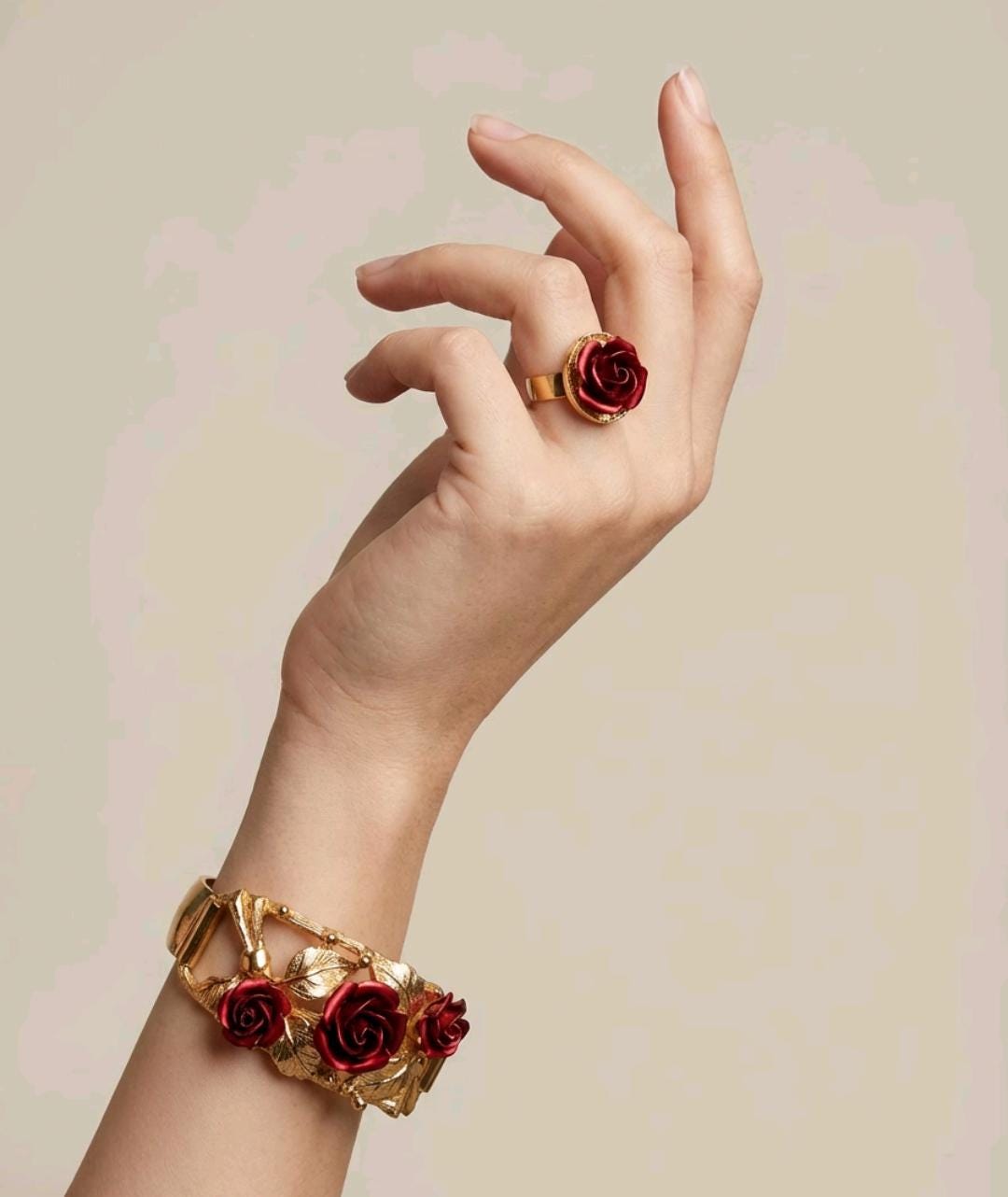 Vintage 1960s Gold Plated Rose Bangle Ring Set | Mid-Century Statement Jewellery __etsy:7845593863