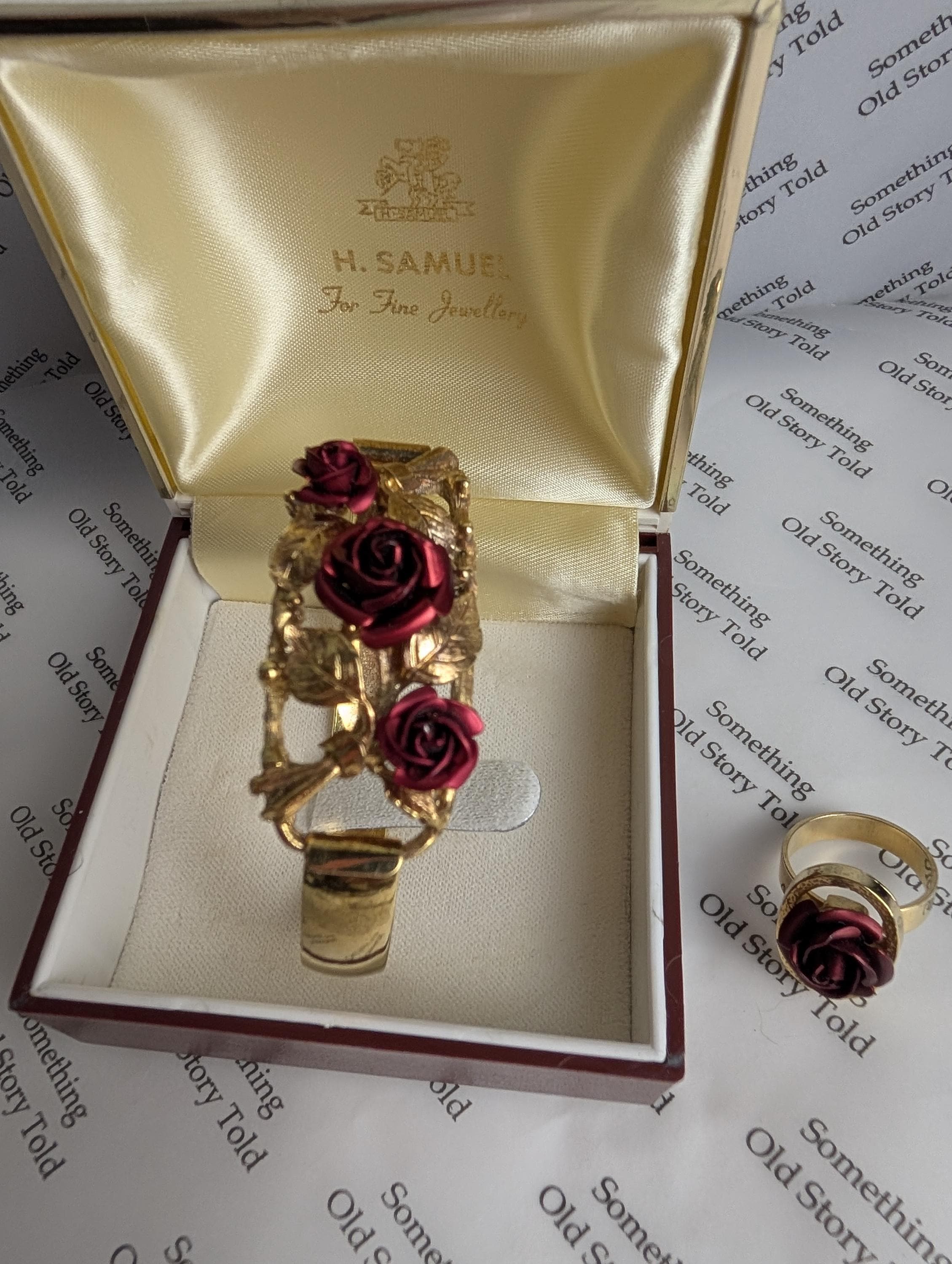 Vintage 1960s Gold Plated Rose Bangle Ring Set | Mid-Century Statement Jewellery __etsy:8118880205