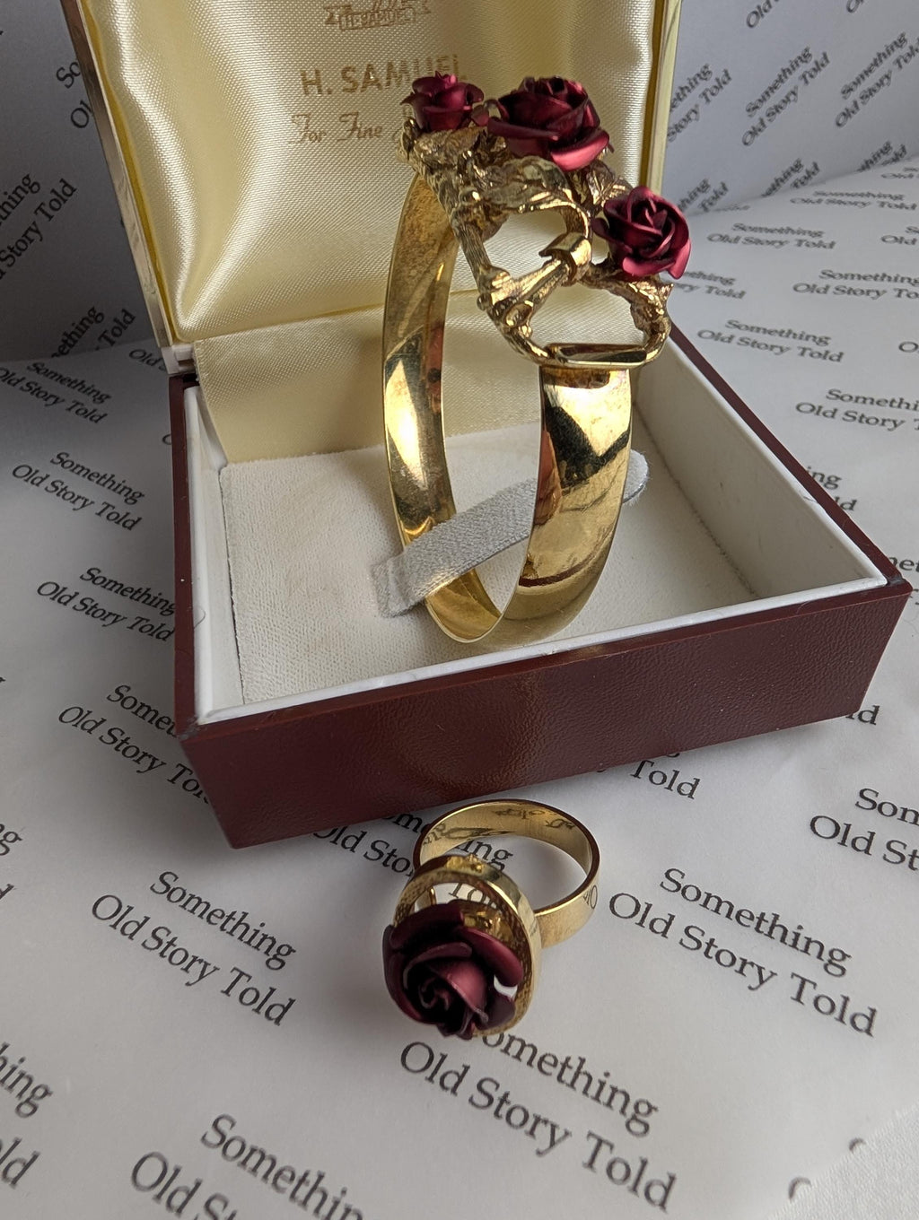 Vintage 1960s Gold Plated Rose Bangle Ring Set | Mid-Century Statement Jewellery __etsy:8118880197