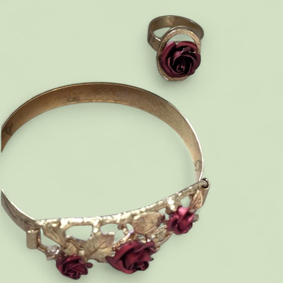 Vintage 1960s Gold Plated Rose Bangle Ring Set | Mid-Century Statement Jewellery __etsy:7702908154