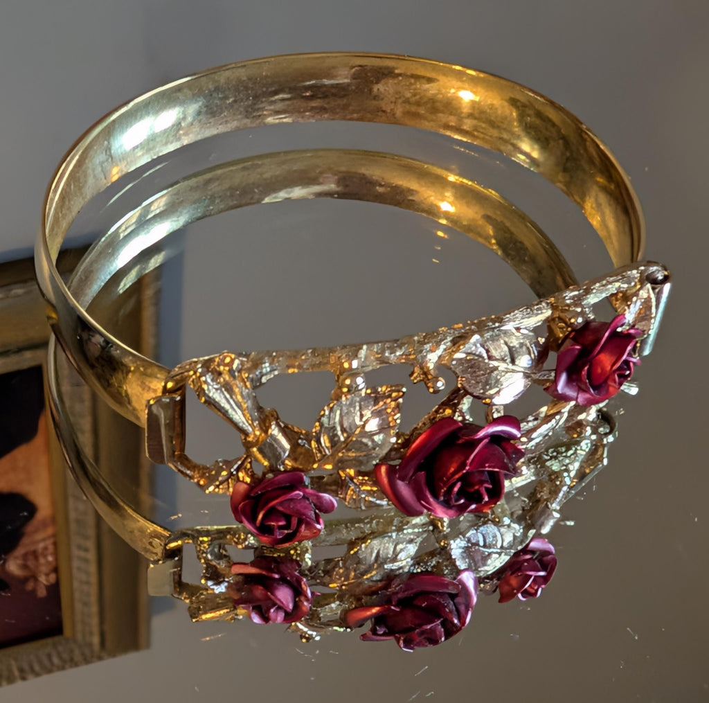 Vintage 1960s Gold Plated Rose Bangle Ring Set | Mid-Century Statement Jewellery __etsy:7698735576
