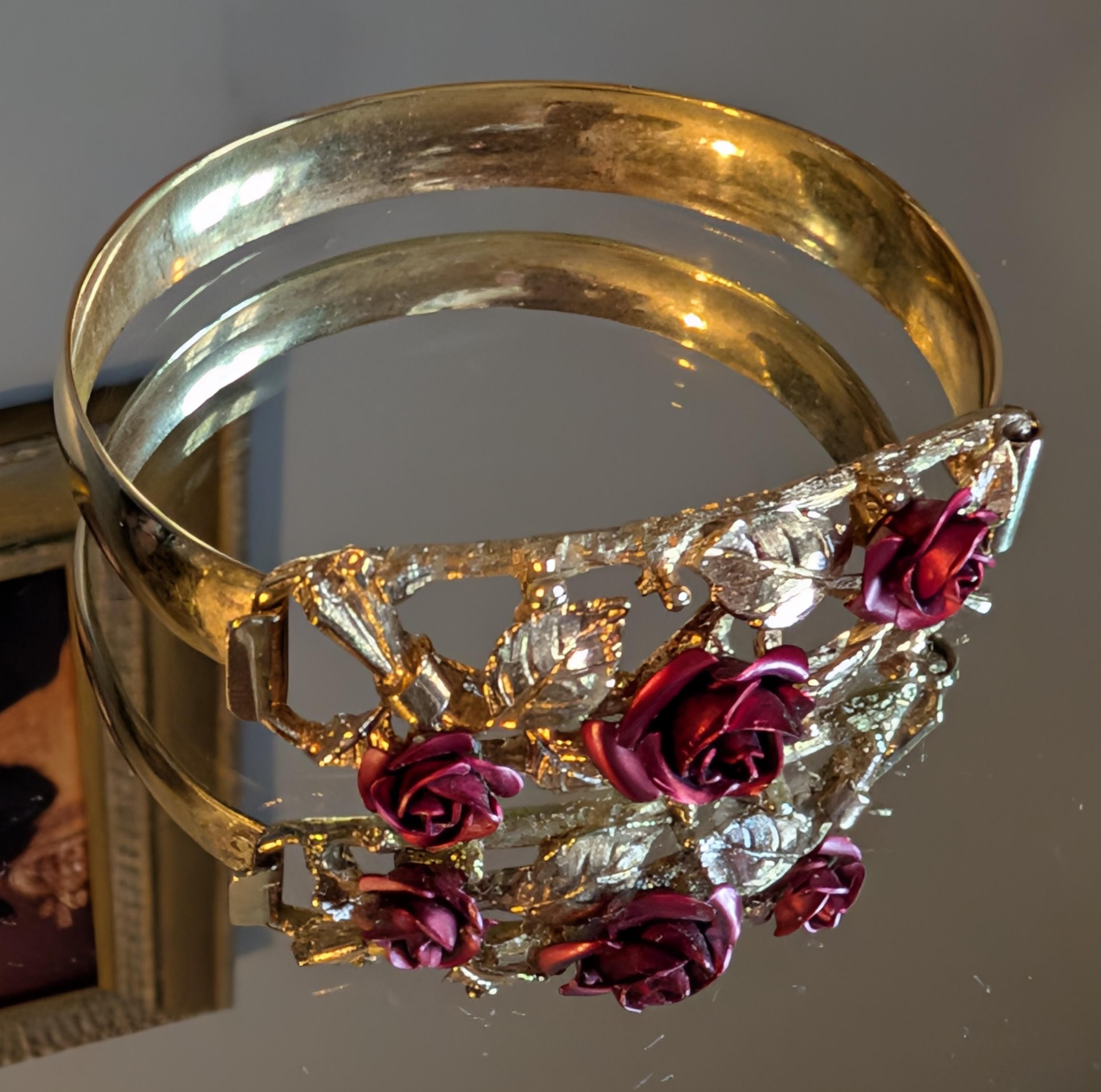 Vintage 1960s Gold Plated Rose Bangle Ring Set | Mid-Century Statement Jewellery __etsy:7698735576