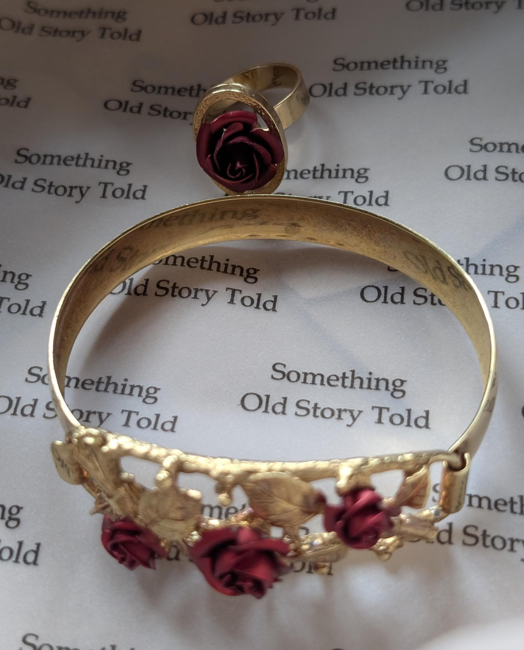 Vintage 1960s Gold Plated Rose Bangle Ring Set | Mid-Century Statement Jewellery __etsy:7746682631